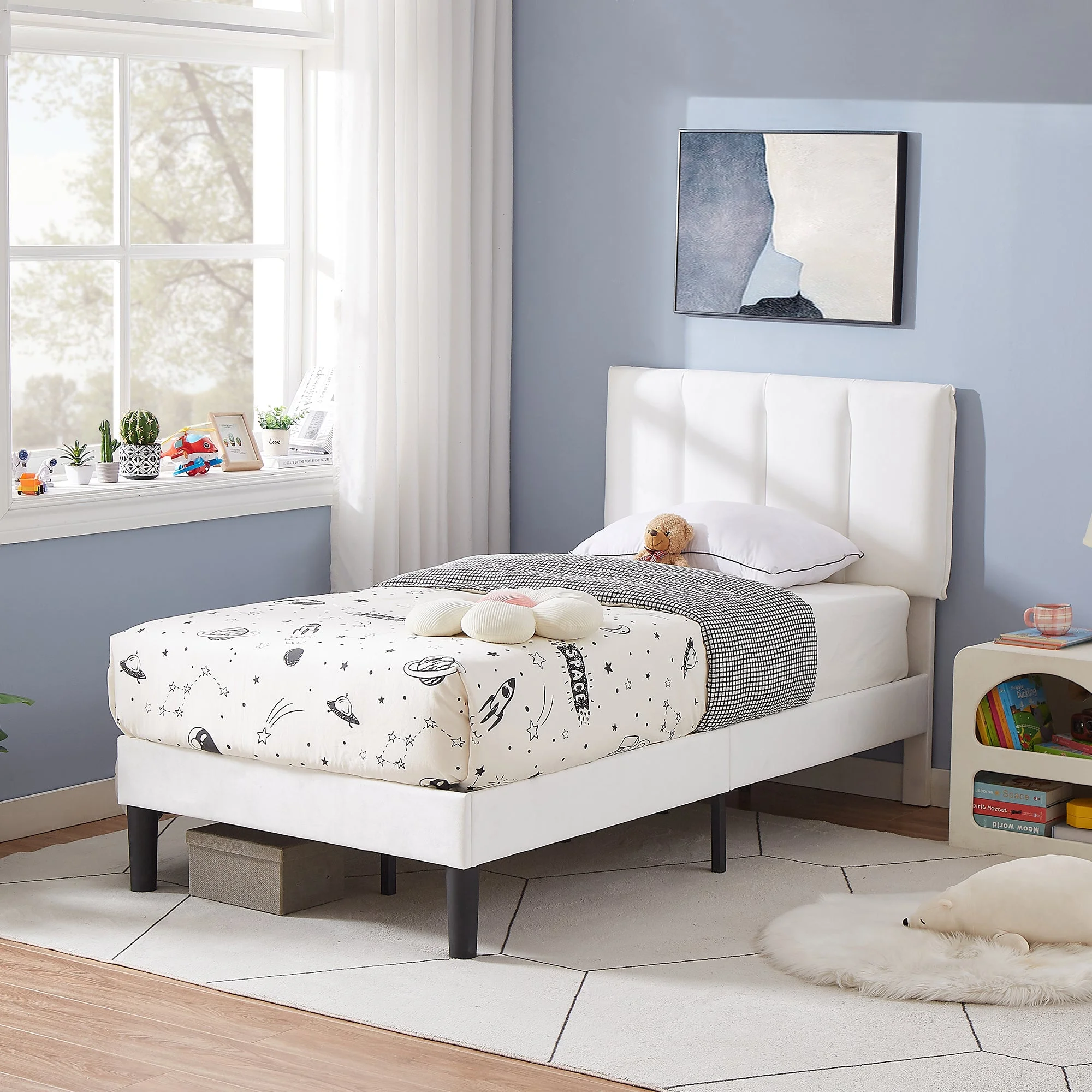 VECELO Set of 2 Twin Size Upholstered Bed Frame, Adjustable Headboard and Wooden Slats Support, No Box Spring Needed/Easy Assembly, White