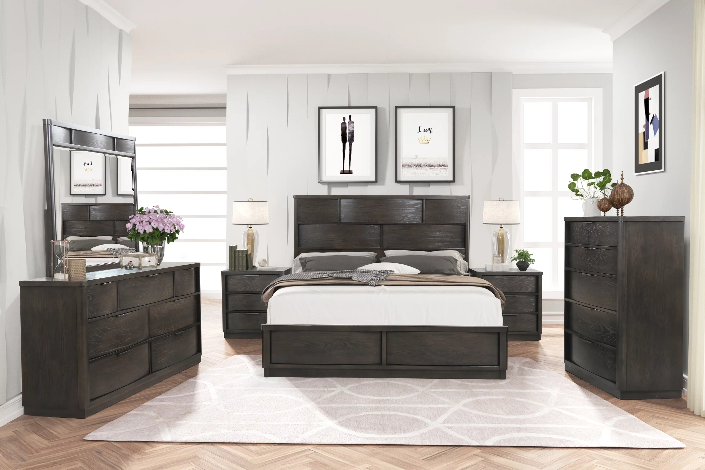 Belani Wood Panel Bed Set, King Bed, Dresser, Mirror, Two Nightstands, and Chest, Espresso