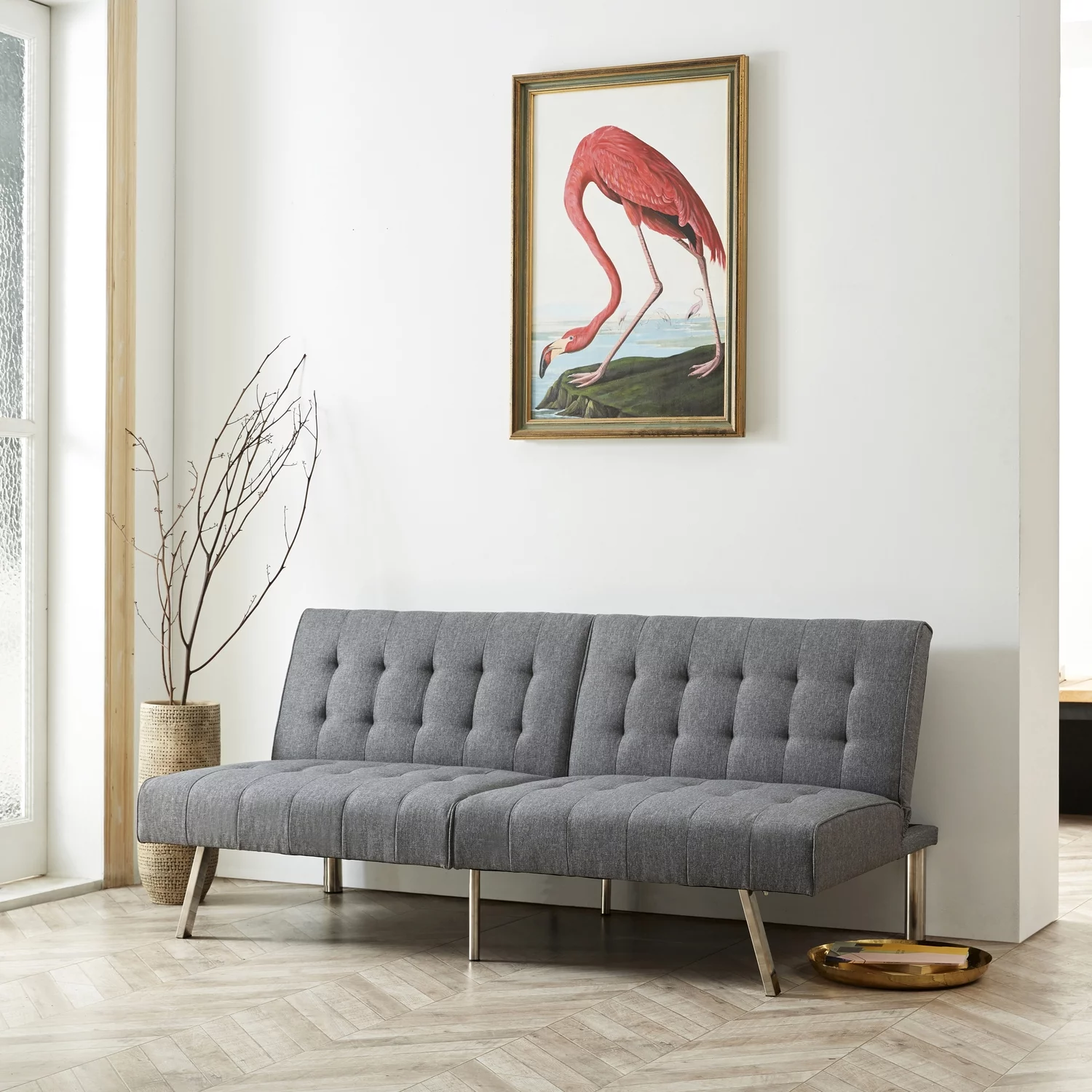 Tufted Split Back Futon Sofa by Naomi Home-Color:Gray,Style:Linen