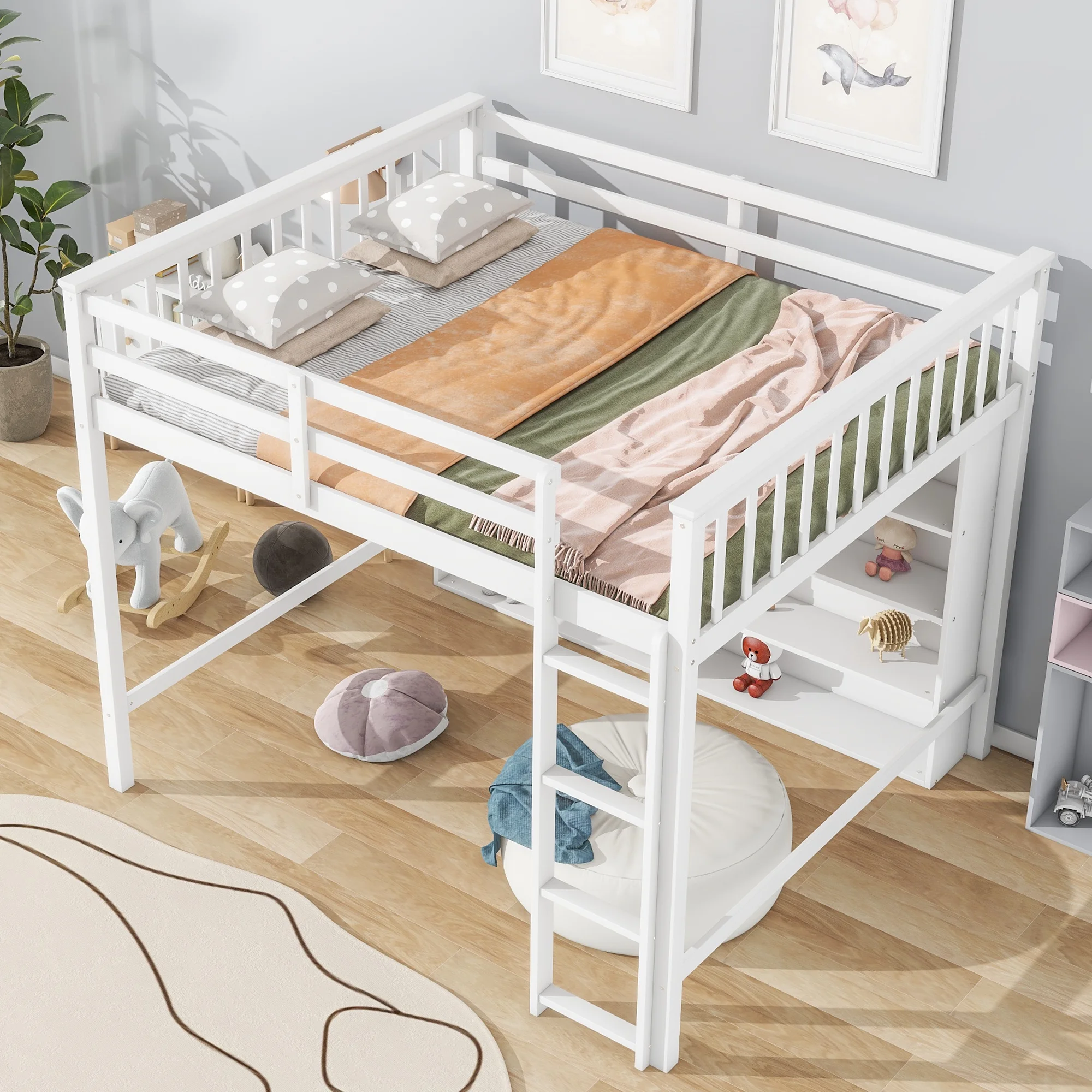 CoSoTower Full Size Loft Bed with 8 Open Storage Shelves and Built-In Ladder, White