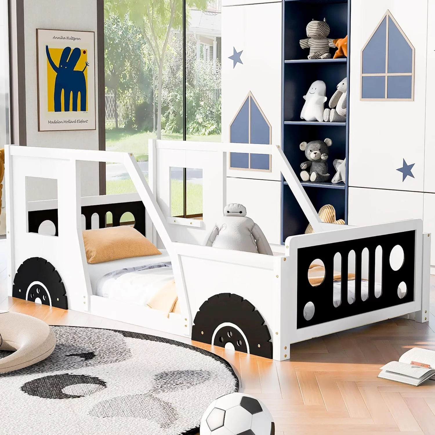 Platform Bed, Size Classic Car-Shaped Wooden Platform Bed With Wheels/Headboard/Footboard/Doors/Windows, White