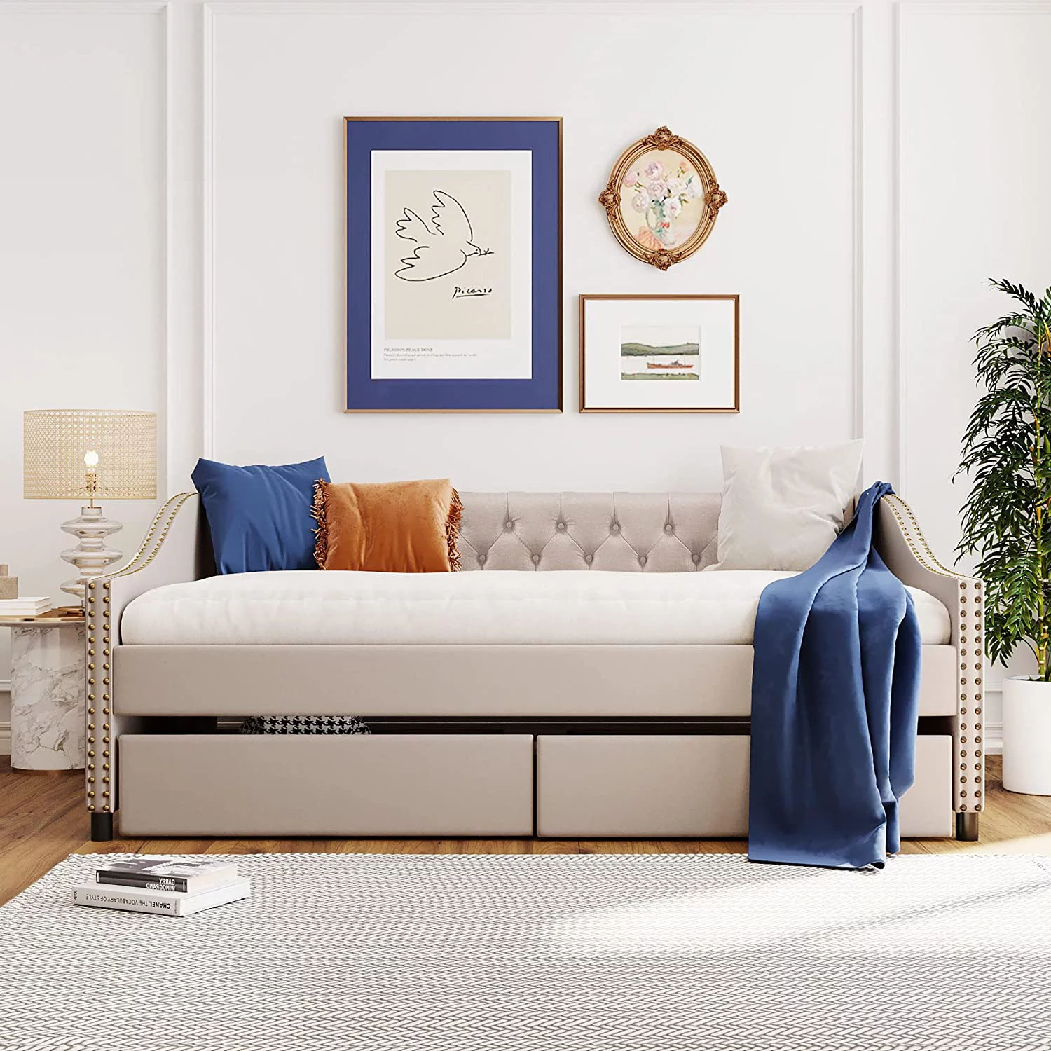 Full Size Upholstered Daybed With Storage, Wood Full Daybed With Storage Drawers, Tufted Daybed Sofa With ailhead Trim For Livig Room,Bedroom (Full,Beige)