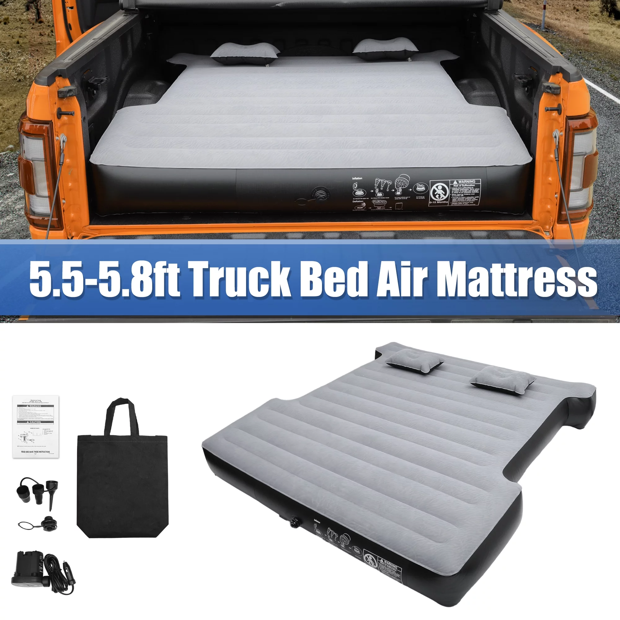 Unique Bargains Universal Inflatable Thickened 5.5-5.8ft Full-Size Short Truck Bed Kit PVC with Electric Air Pump Gray