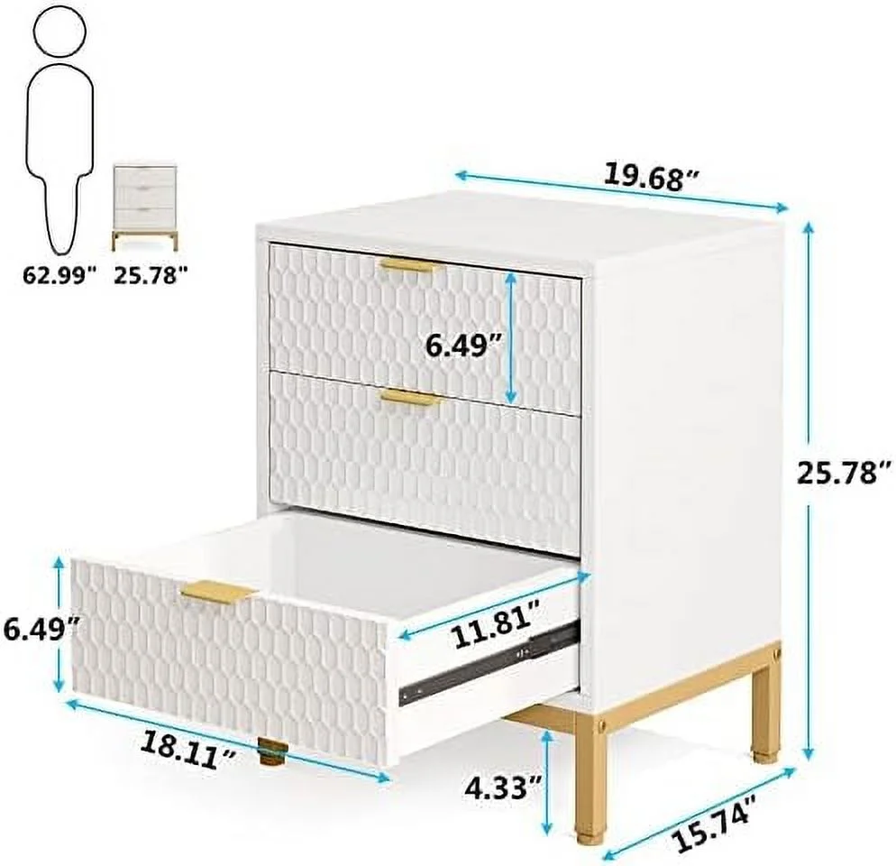 HOOMHIBIU Modern Nightstand 25.8" Tall Bedside Table with 3 Drawers Contemporary End Side Table with for Bedroom