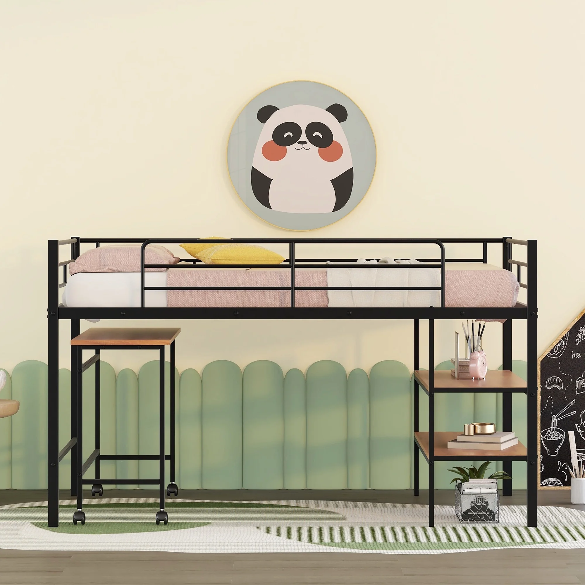 Gewnee Twin Size Metal Loft Bed with Desk and Shelving for Kids,Teens,Black