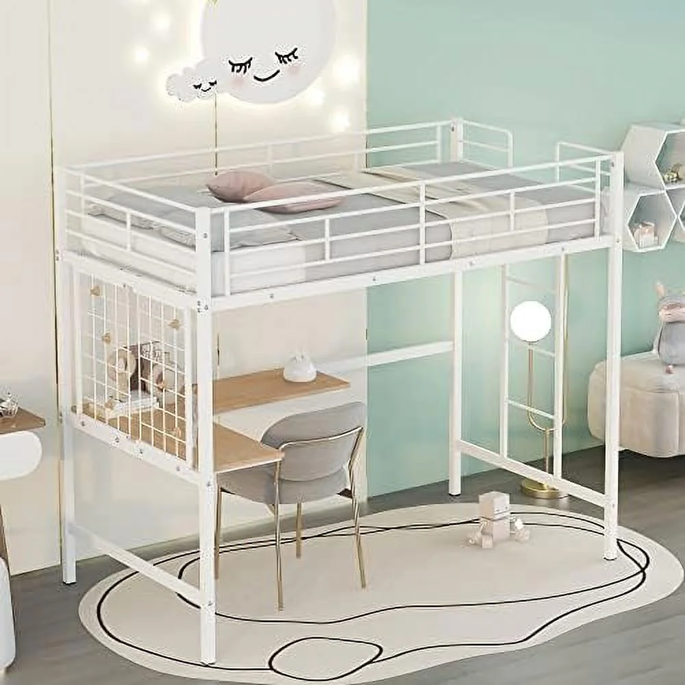 Metal Loft Bed With Desk And Metal Grid, Industrial Steel High Over Loft Bed Frame For Kids