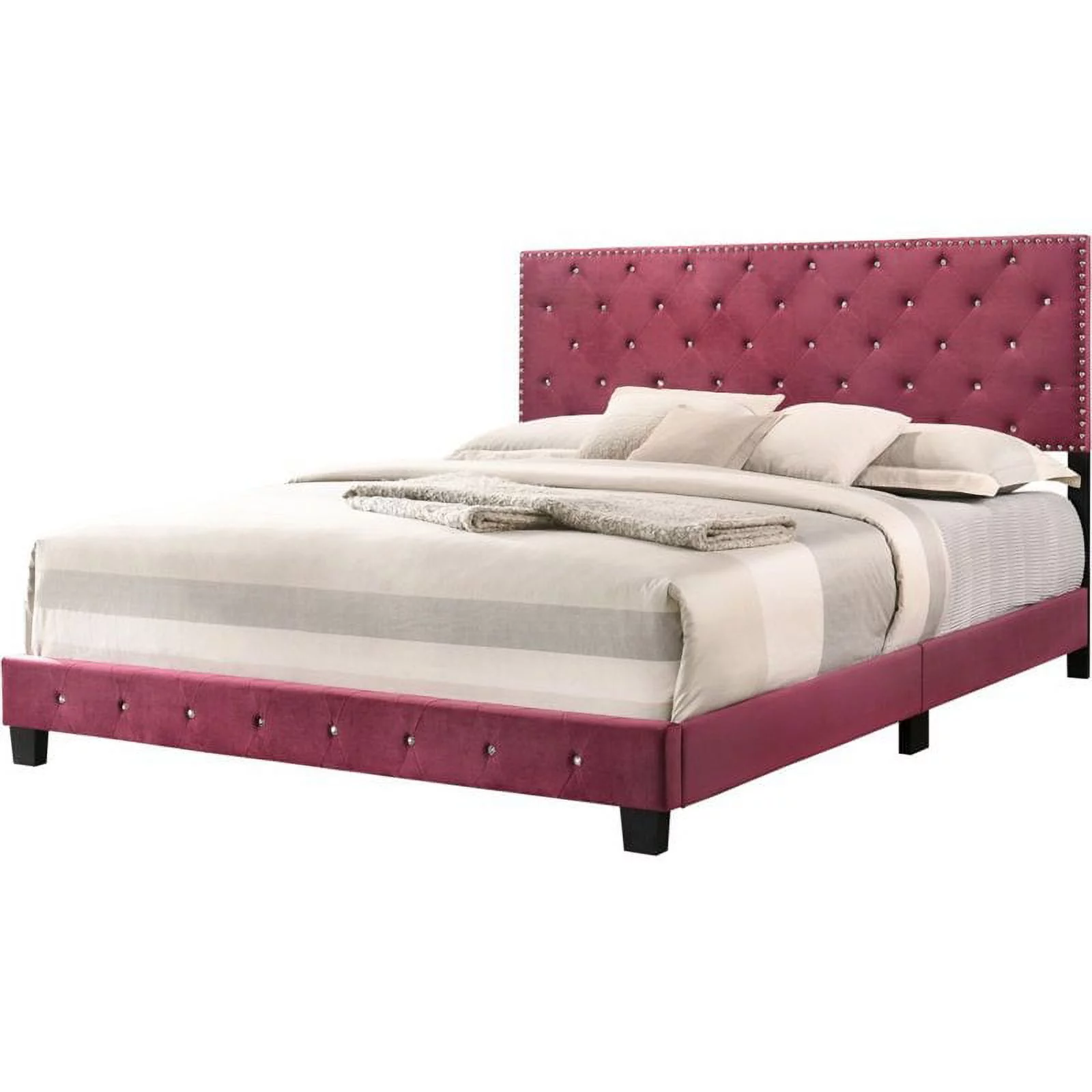 Maklaine Transitional Upholstered Velvet King Bed in Cherry Finish