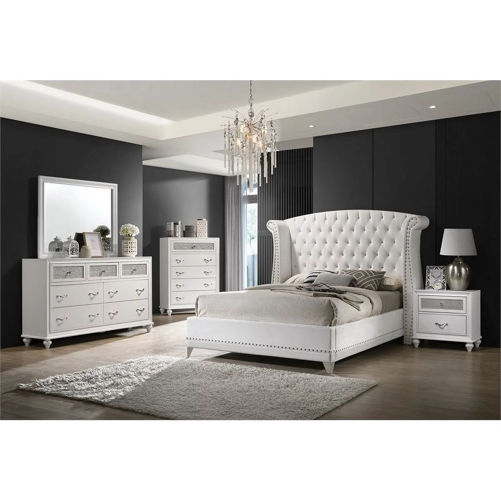 Pemberly Row Traditional King Wingback Tufted Bed in White Finish