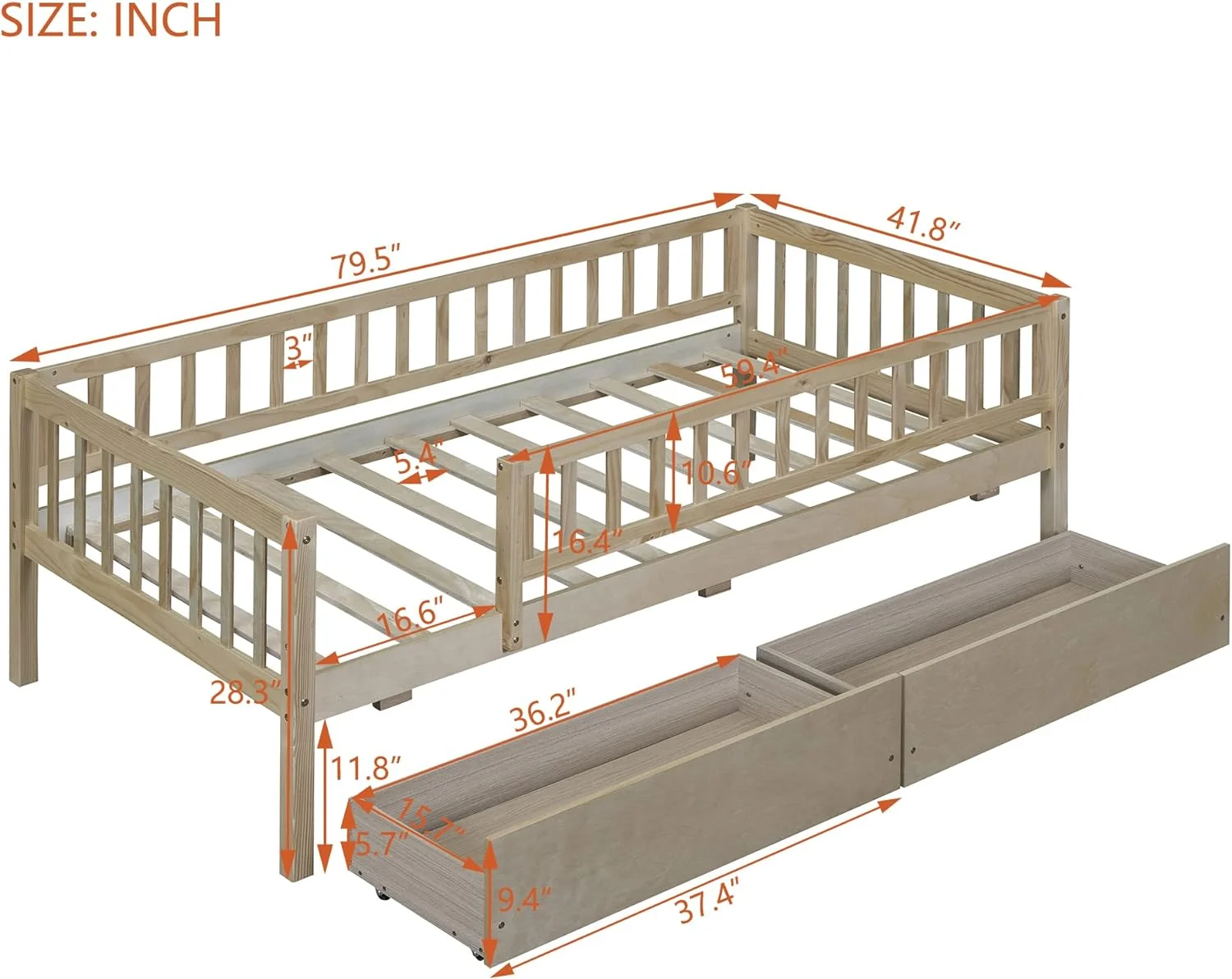 Size Bed Frame With Fece Railigs Ad Storage Drawers, Woode Motessori Kids Beds With Slats Support, Dual-Use Daybed For Bedroom Ad Livig Room, atural