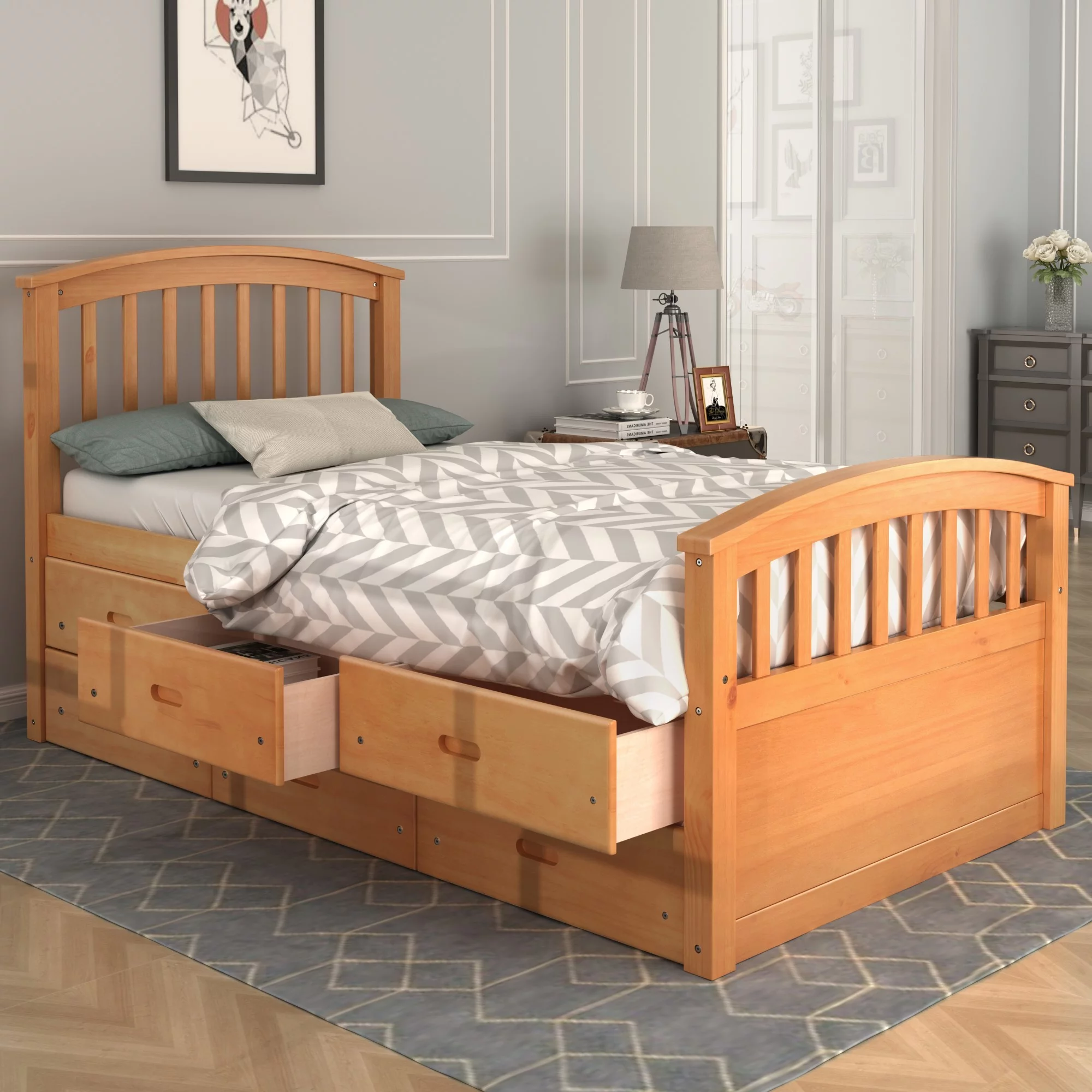 Solid Wood Twin Size Platform Bed with 6 Drawers - ORISFUR