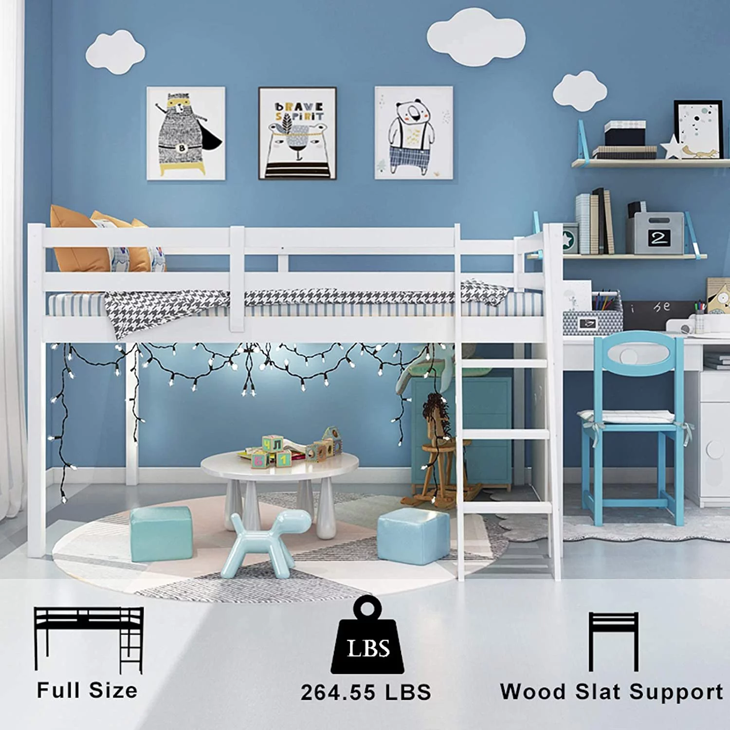 VINGLI Full Size Loft Bed with Inclined Stairs, Junior Loft Bed with High Guard Rail for Kids/Young Teens/Adults, Solid Wood Full Size Bed Frame White, 2 Center Beams, No Box Spring Required