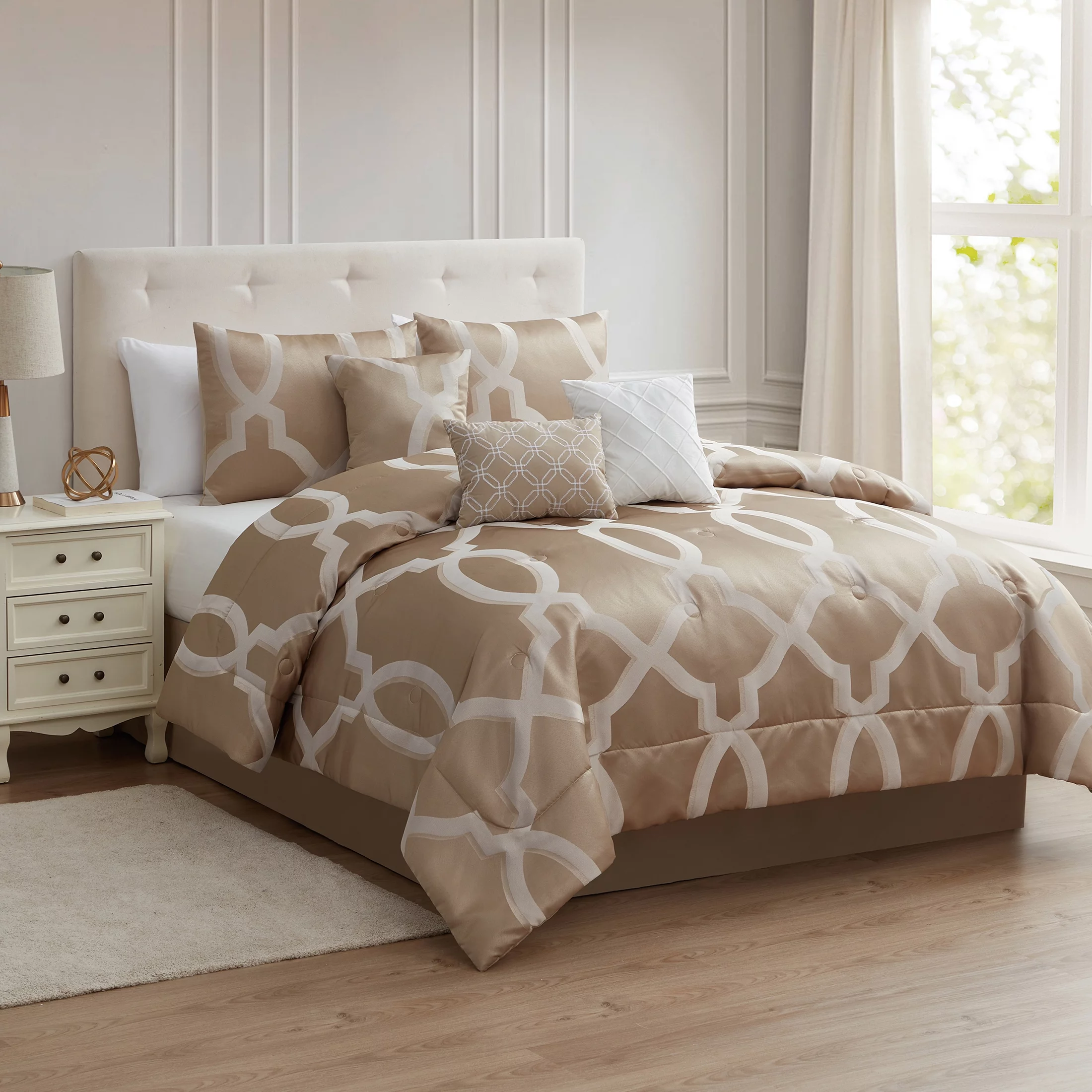 Mainstays Artemis 7-Piece Taupe Trellis Comforter Set, Full/Queen