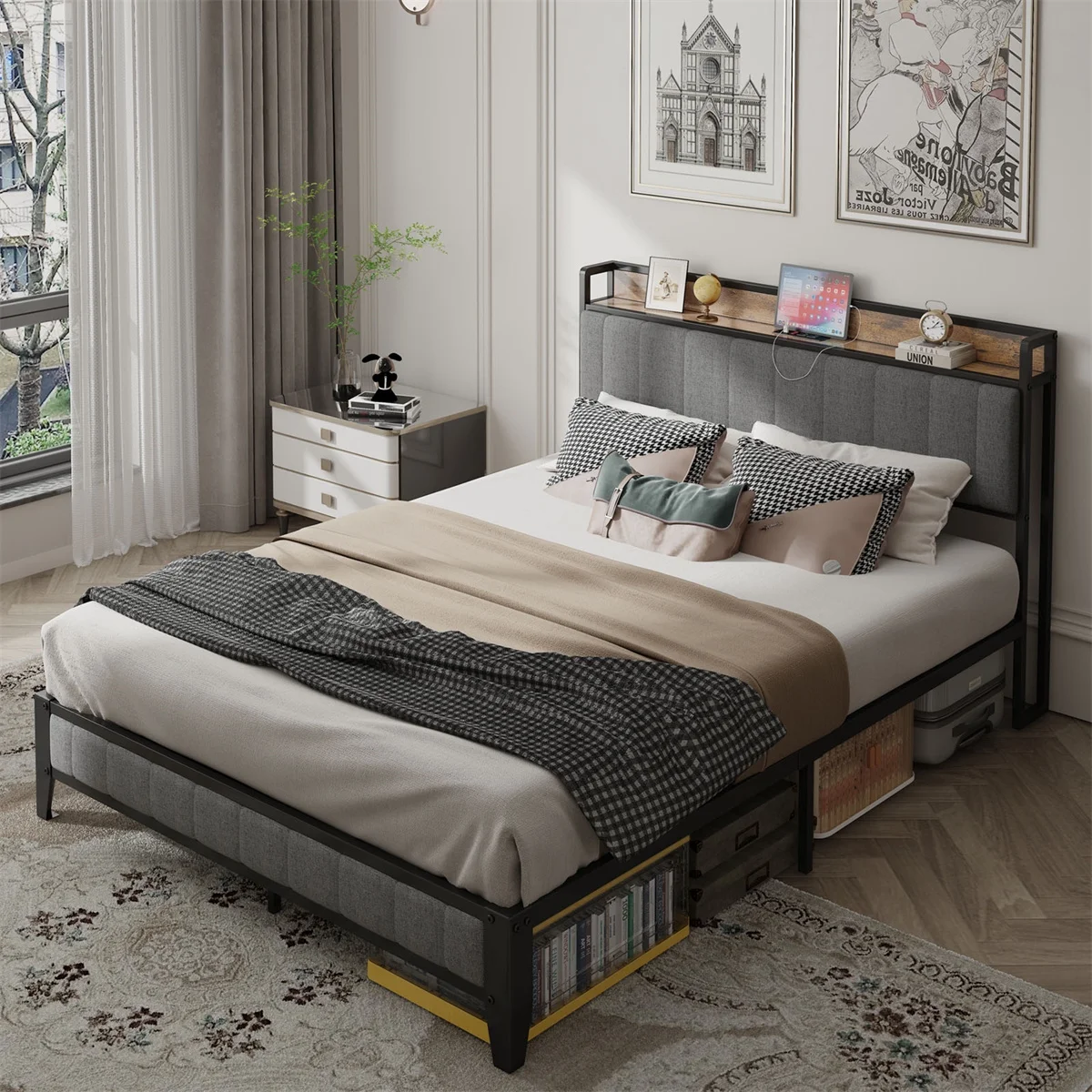 Queen Size Metal Bed Frame with Charging Station, Upholstered Headboard, ,Easy to Assemble, Gray