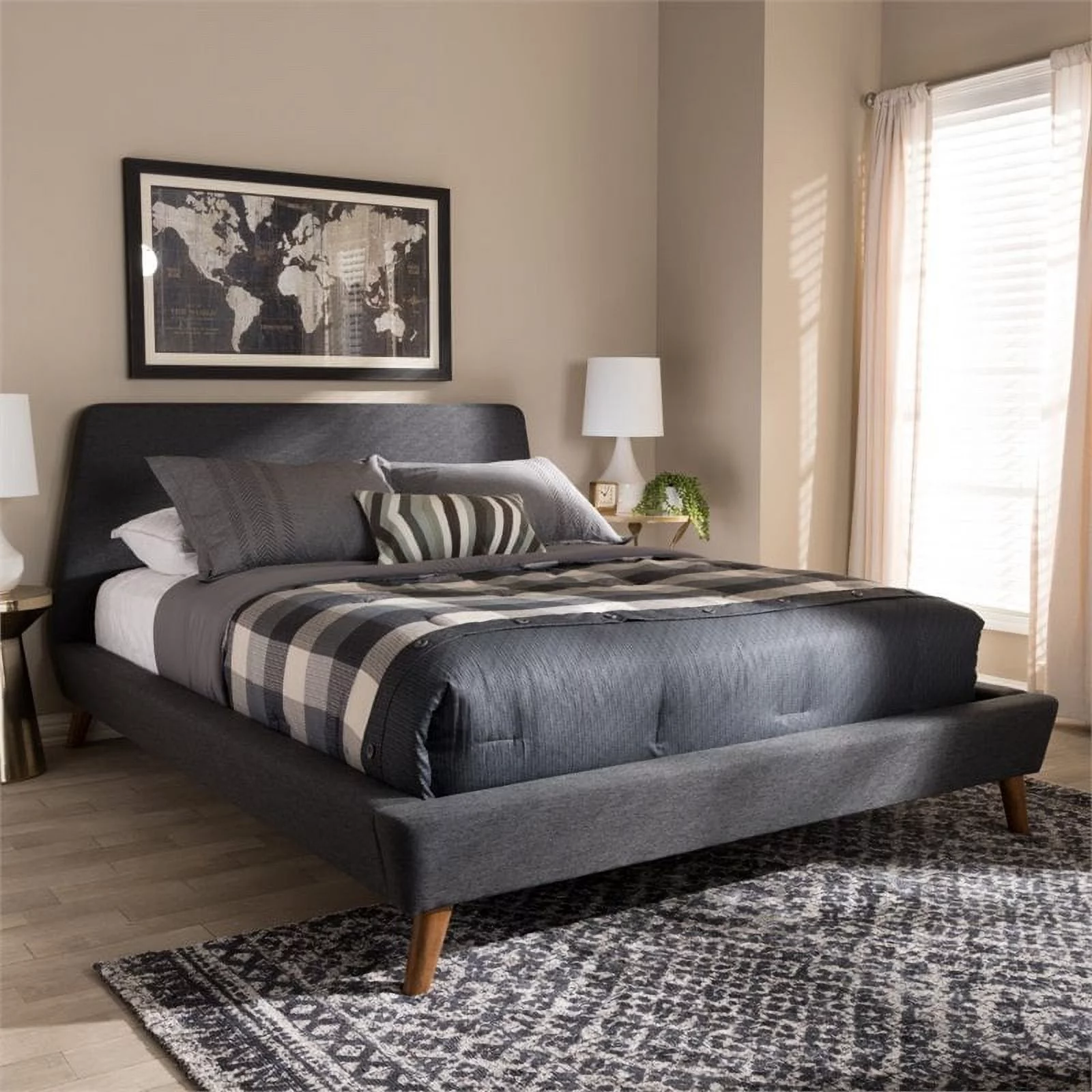 Baxton Studio Sinclaire Upholstered Queen Platform Bed in Dark Grey