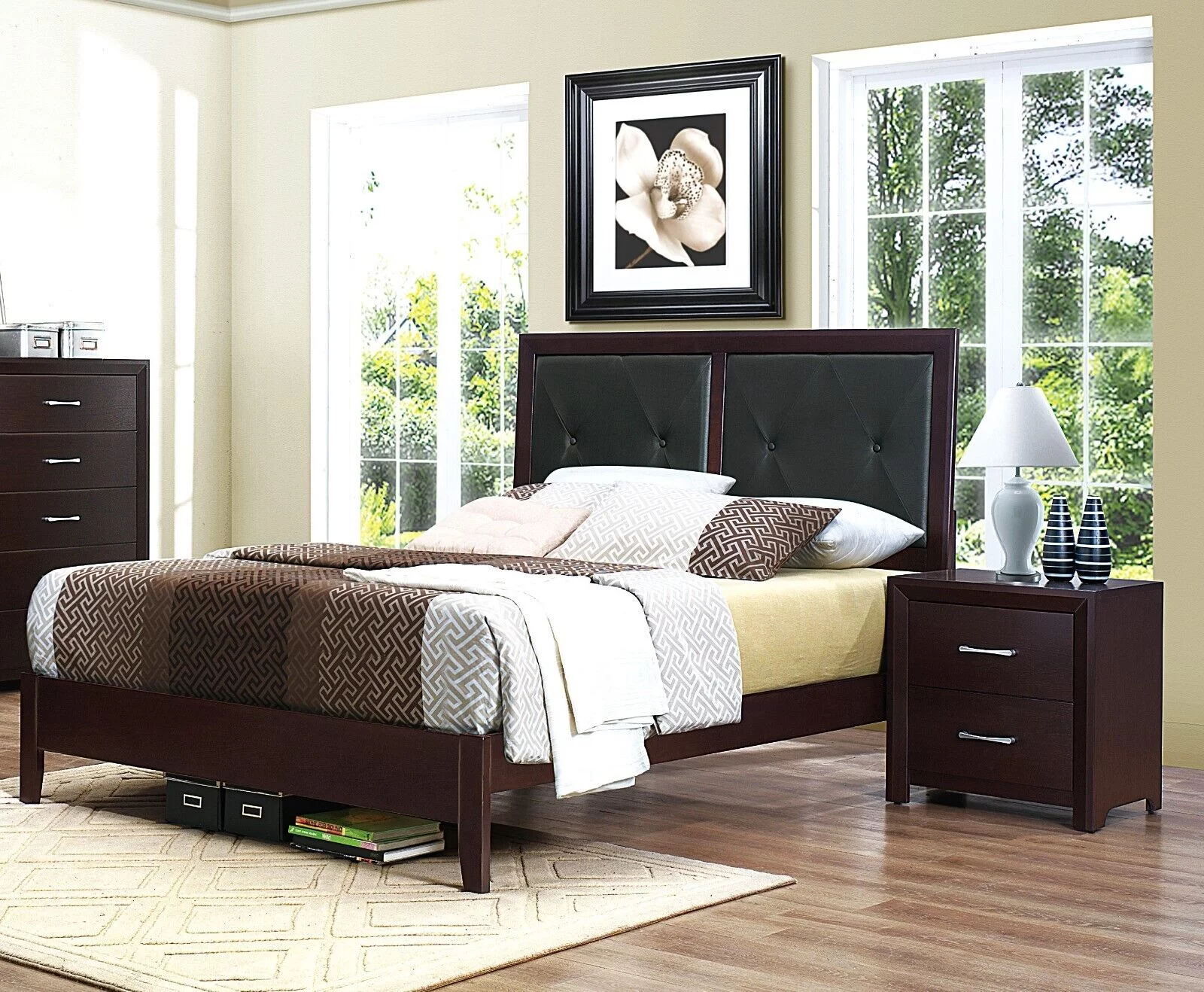 Espresso Finish Transitional Bedroom 3pc Set Full Bed Button-Tufted Nightstands Upholstered Panel Headboard Bedroom Furniture