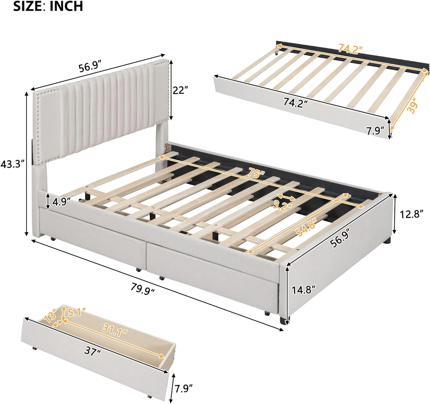 Full Size Lie Upholsered Plaform Bed Wih 2 Drawers Ad Size rudle,Full Size Plaform Bed Frame Wih Headboard,Beige