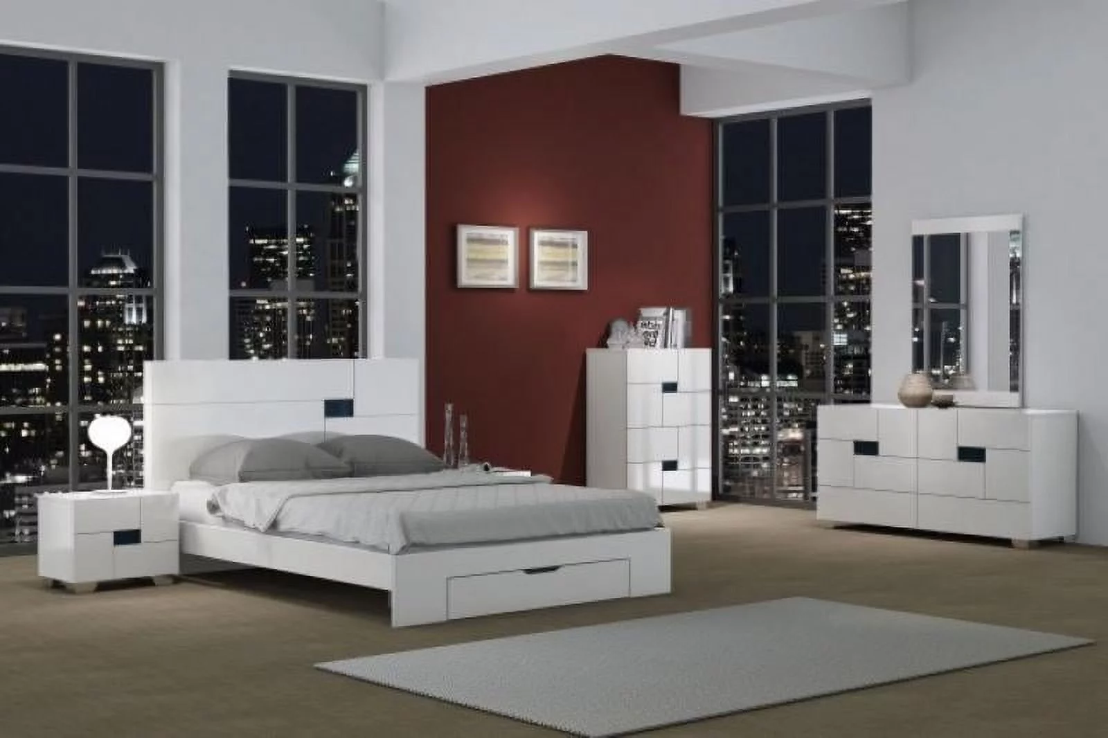High Gloss Finish Cal King Bedroom Set 4Pcs Modern Global United Aria White