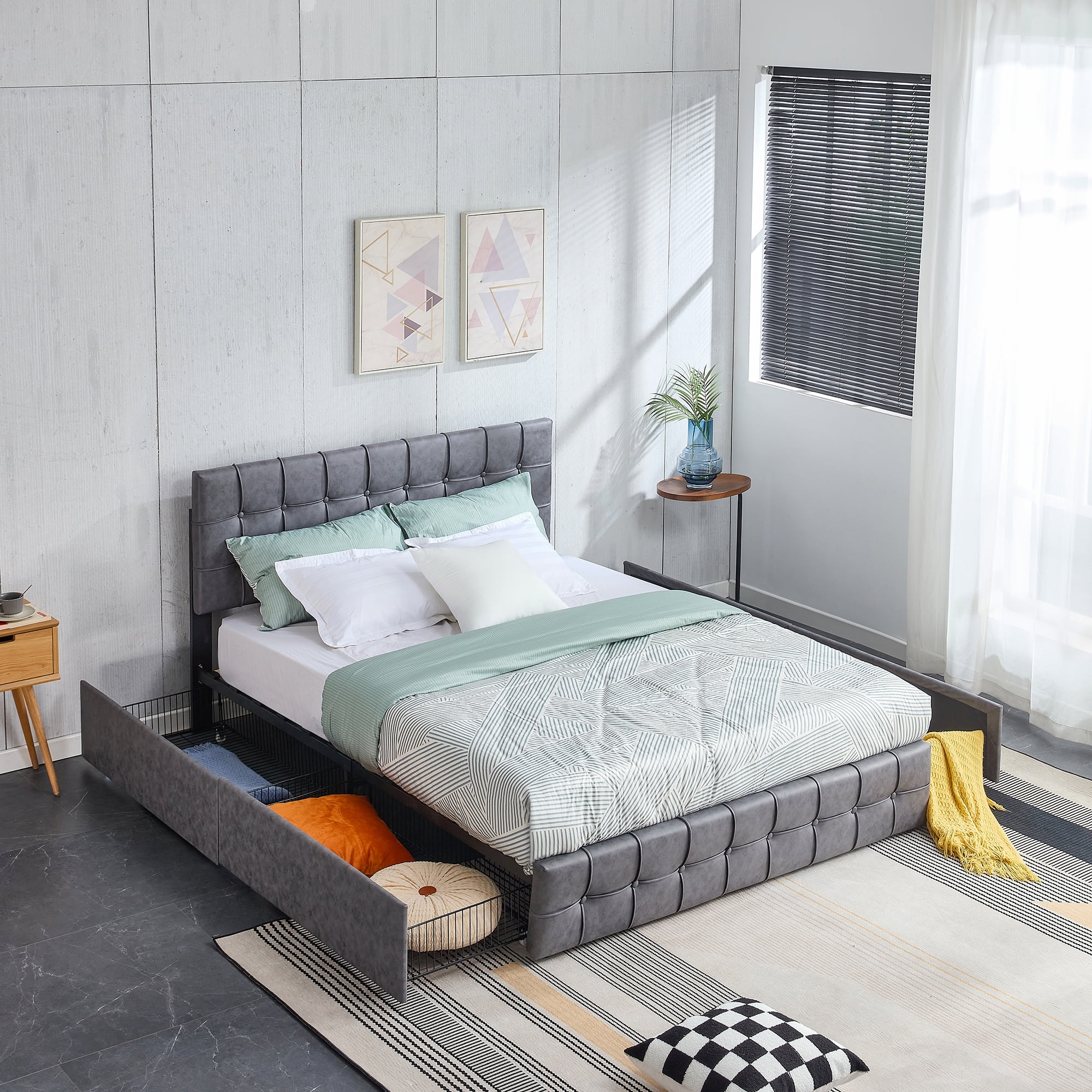 CoSoTower Queen Size Grey Tech Cloth Button Embedded Adjustable Headboard Height Upholstered Platform Bed Frame with 4 Storage Drawers