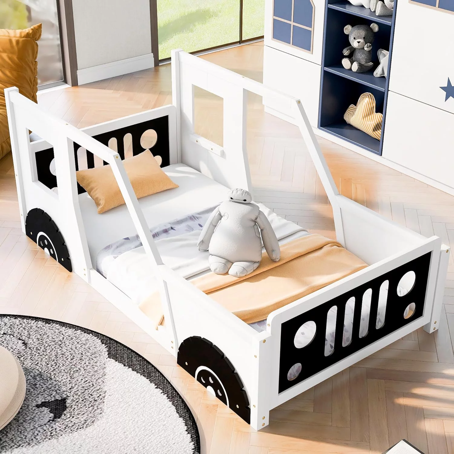 Platform Bed, Size Classic Car-Shaped Wooden Platform Bed With Wheels/Headboard/Footboard/Doors/Windows, White