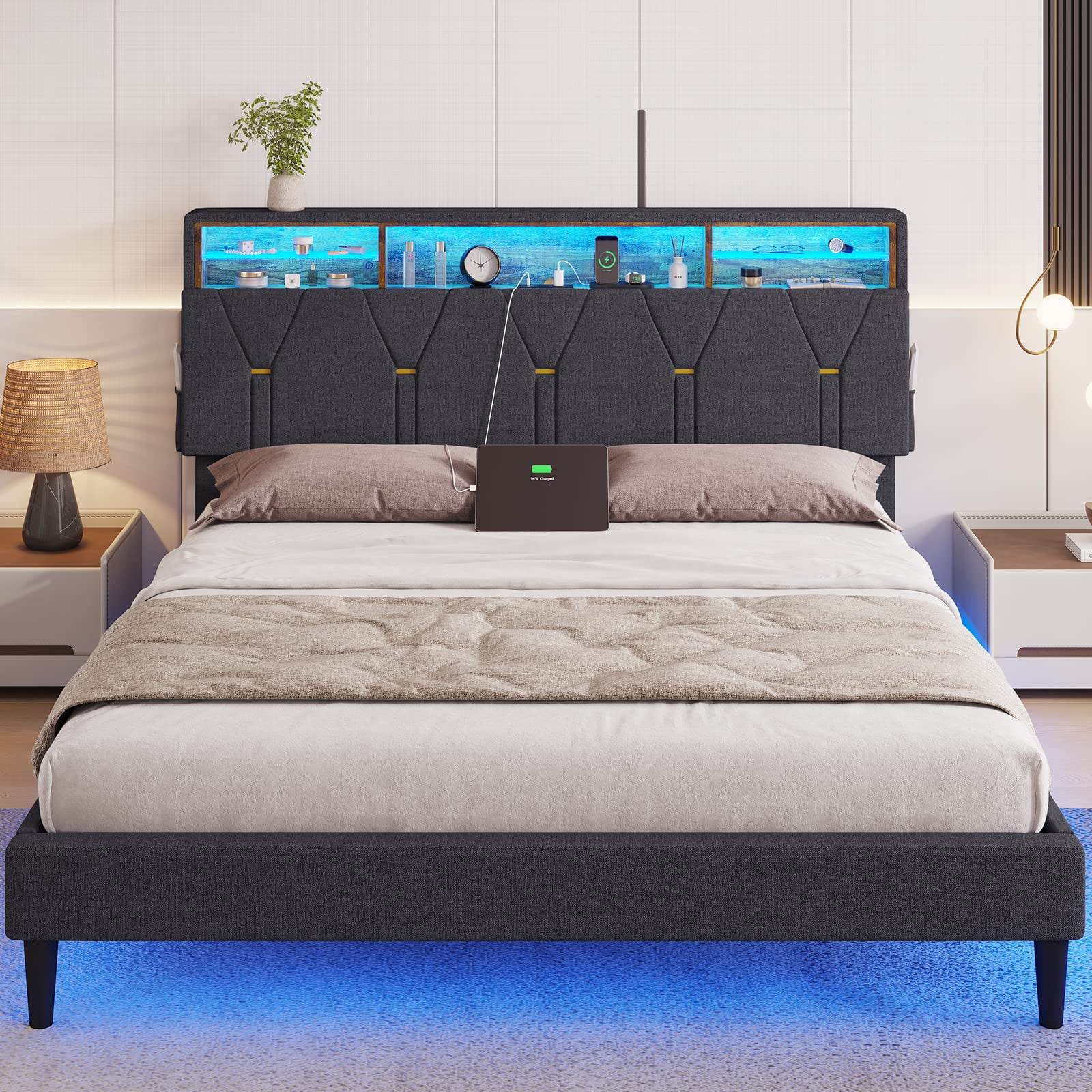 ADORNEVE Full Size Bed Frame with LED Lights, Platform Bed Frame with Bookcase Headboard, Outlets and USB Ports, Upholstered Bed with Hidden Storage, No Box Spring Needed, Dark Grey