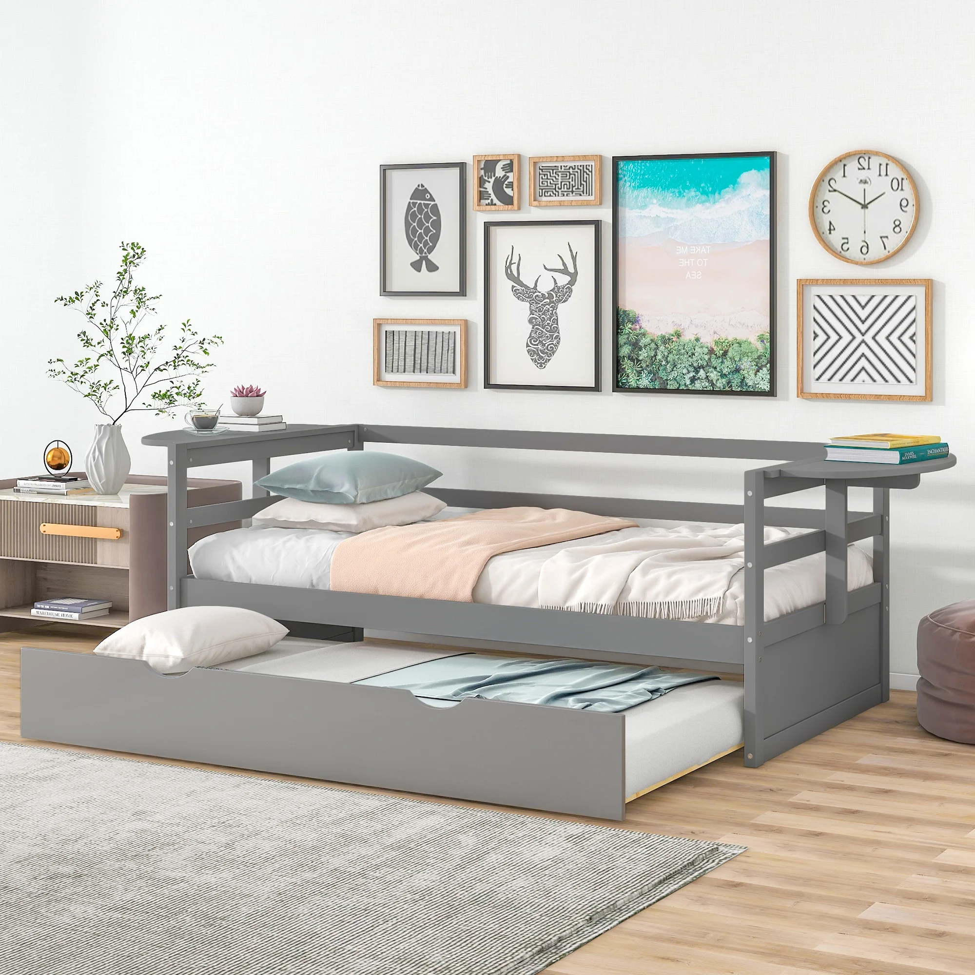paproos Daybed with Trundle Included, Twin Size Wood Daybed Frame with Trundle Bed and Foldable Shelves on Both Sides, Modern Twin Daybed Heavy Duty Sofa Bed for Bedroom Living Room, Gray