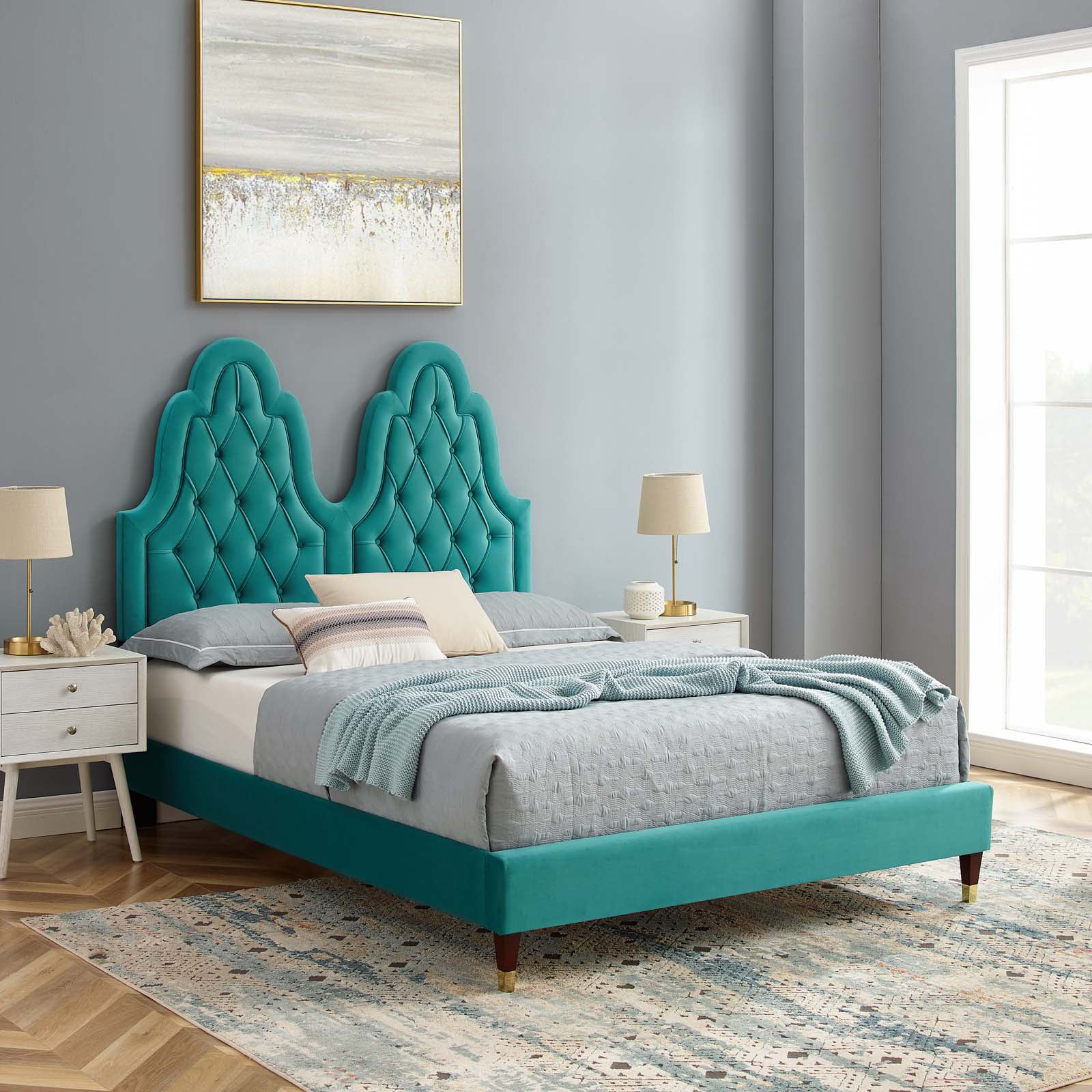 Modway Alexandria Tufted Performance Velvet Twin Platform Bed in Teal