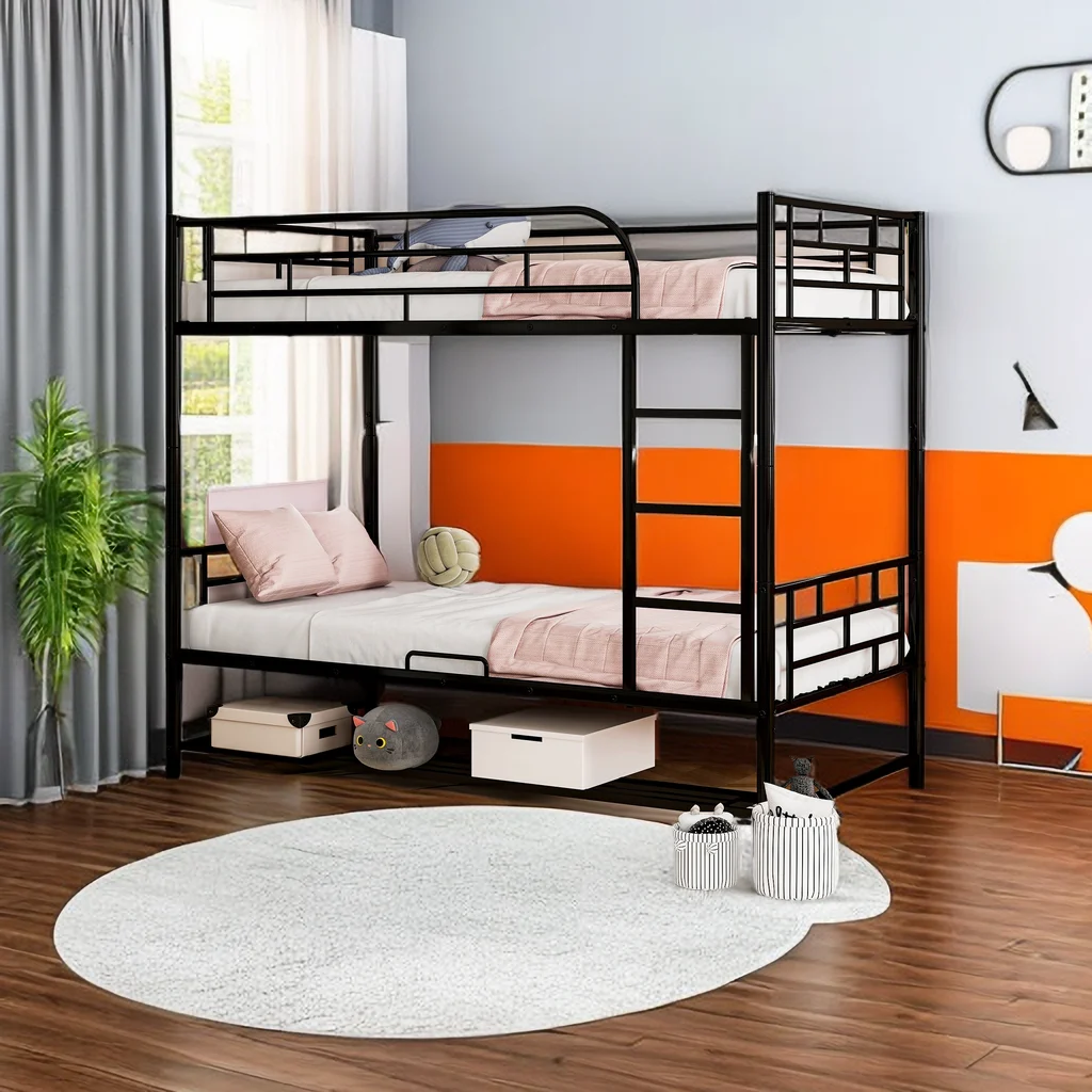 Twin Over Twin Metal Bunk Bed Frame with Shelf and Guardrails for Bedroom for Boys Girls Adult