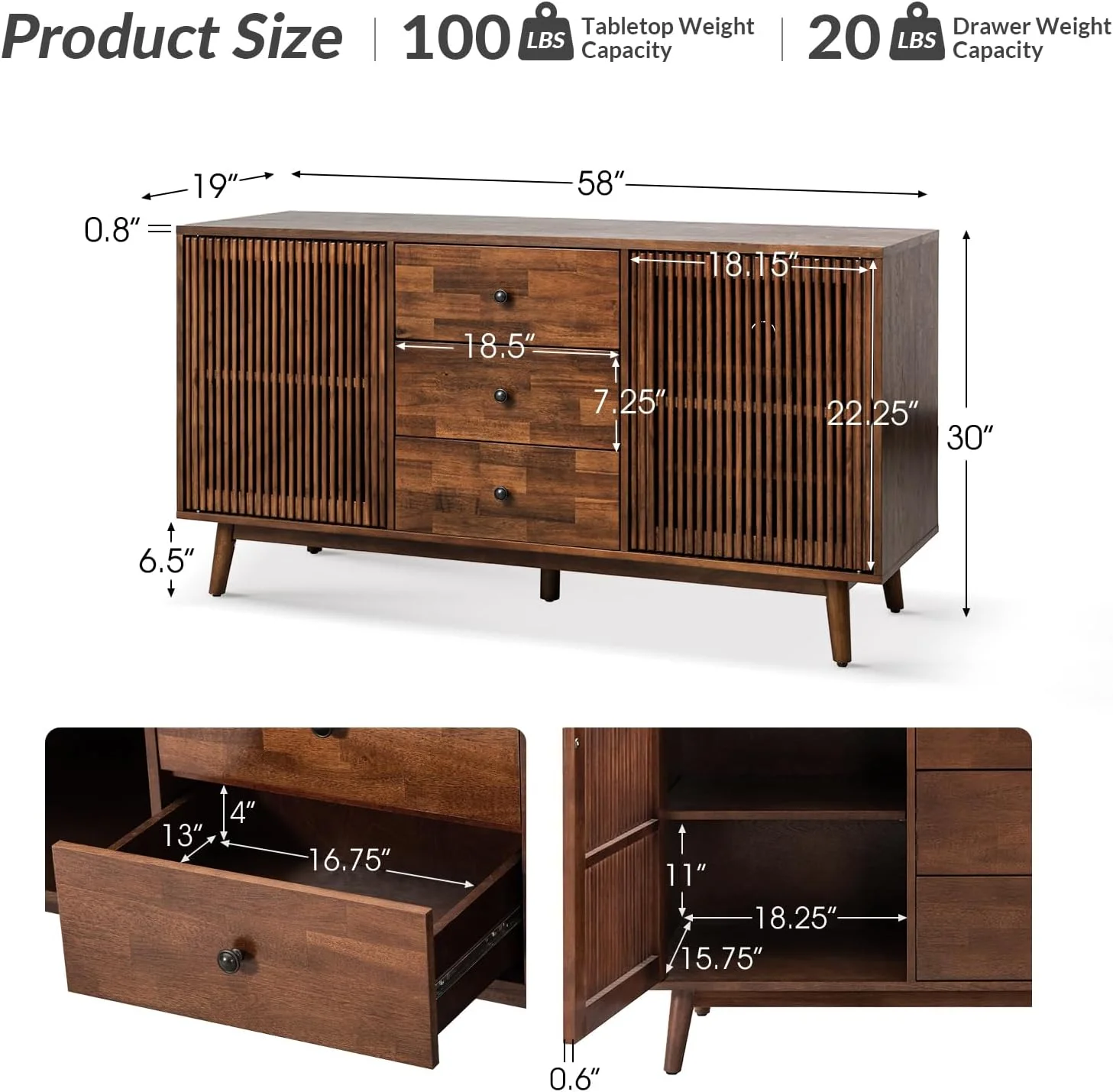 58'' Wide 3 Drawer Sideboard Wooden TV Stand 2 Slatted Doors Credenza Storage Cabinet Buffet Home Living Room Bedroom Kitchen, Walnut