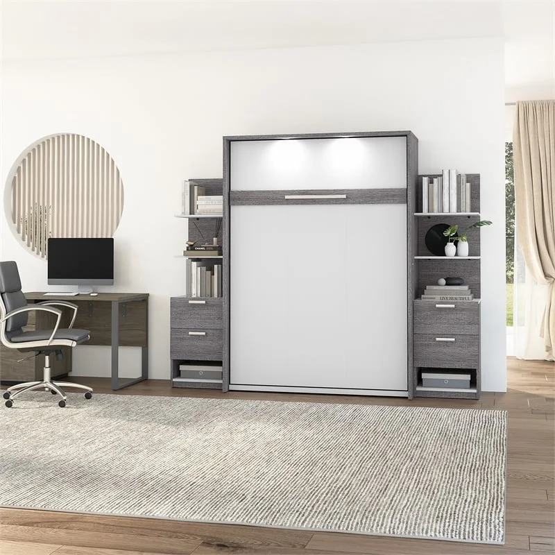 Atlin Designs Wood Full Murphy Bed with Nightstand in Bark Gray/White