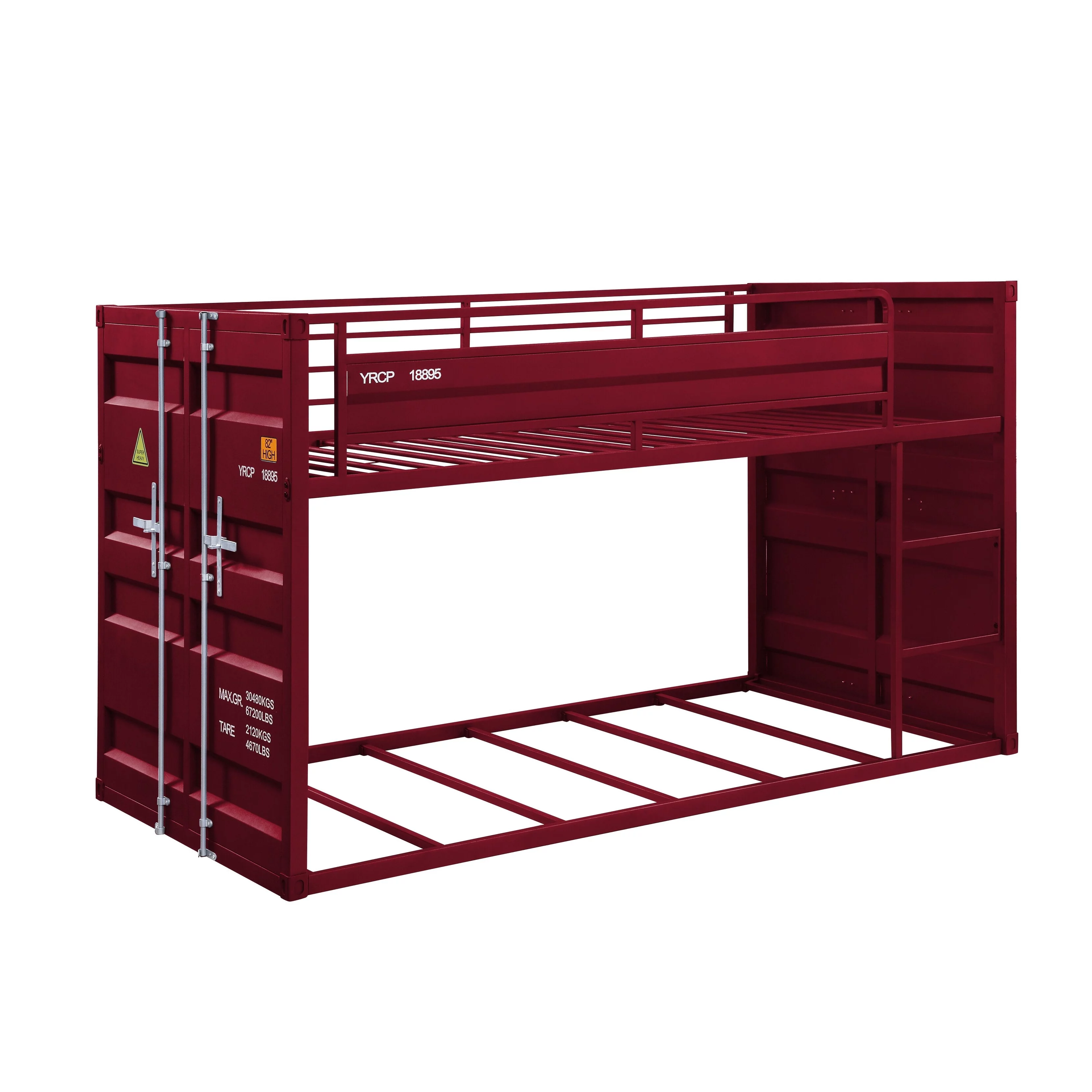 Contemporary Cargo Container Design Twin over Twin Metal Bunk Bed, Red Finish