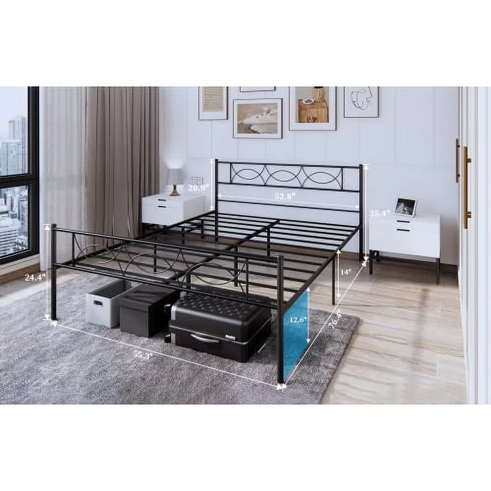 Full Size Bed Frame with Headboard No Box Spring Needed, Black