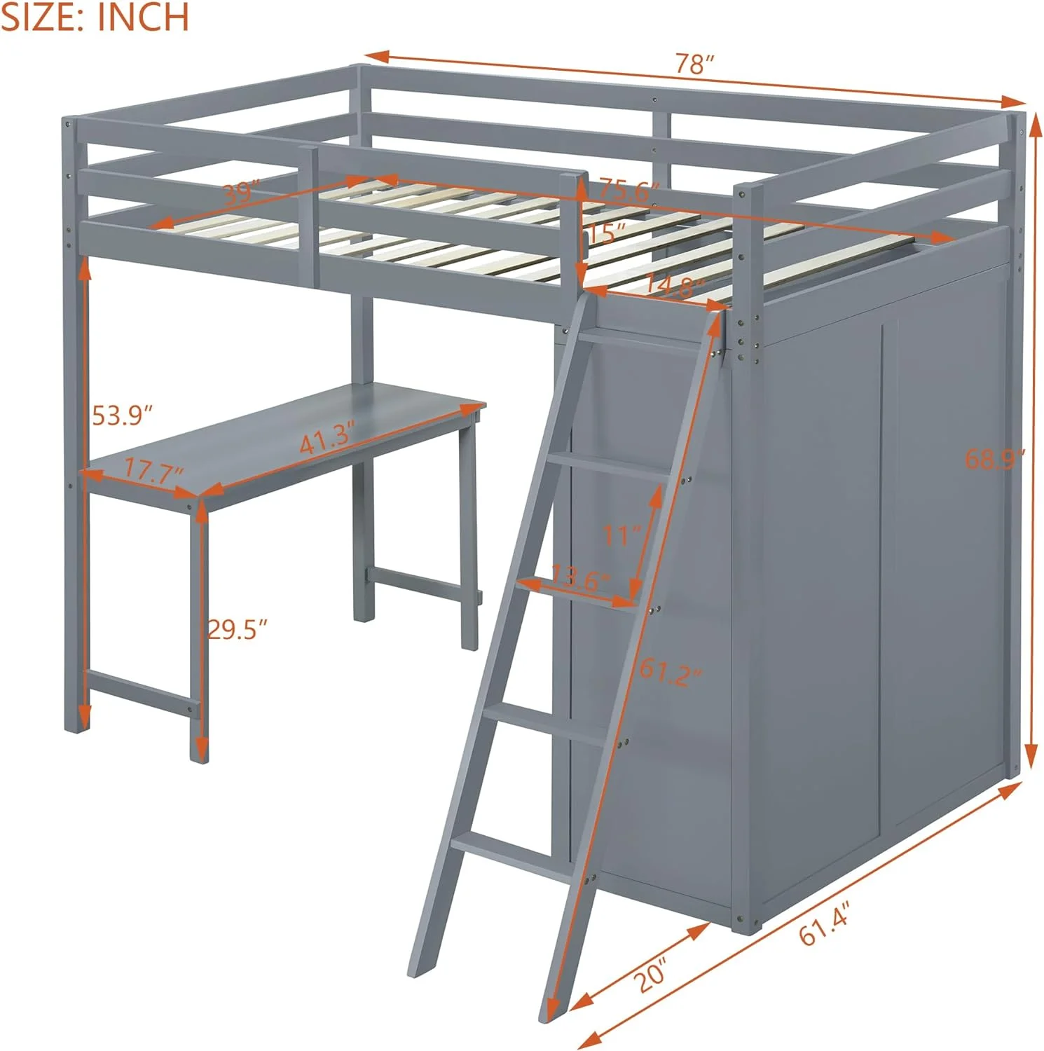 Twin Size Loft Bed with Wardrobe and Desk Twin loft Bed with Desk and Storage loft Bed with Closet Loft Bed with Storage for Girls Boys Teens
