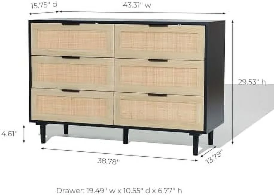 xrboomlife LuxenHome Dresser for Bedroom  Farmhouse Rattan Dresser with 6 Drawers  6 Drawer Dresser for Bedroom  Mid Century Modern Dresser  Bedroom Dresser for Nursery  TV Stand Dresser