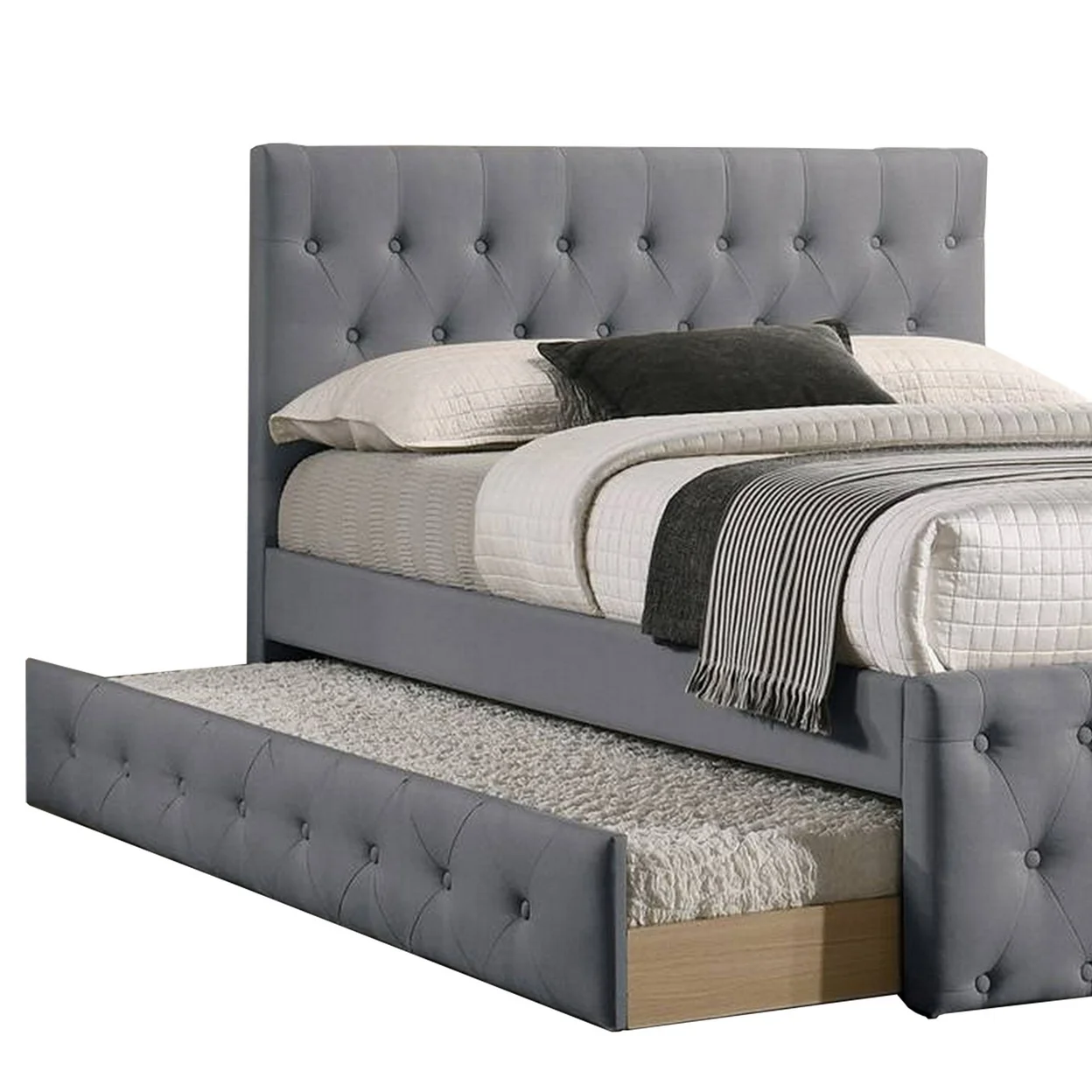 Nek Full Size Upholstered Bed with Twin Trundle Button Tufted Gray Burlap - Saltoro Sherpi