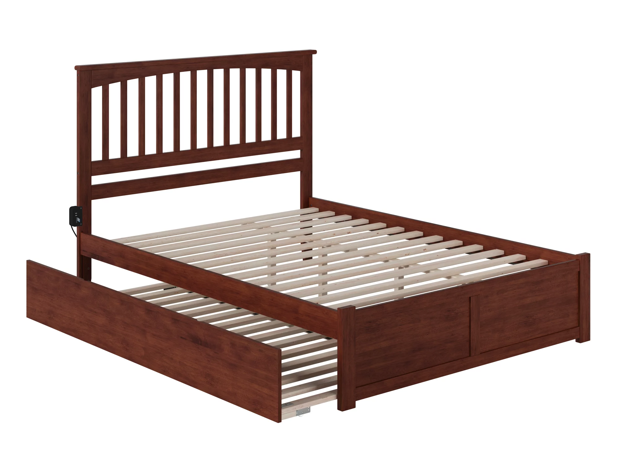 AFI Mission Queen Wood Platform Bed with Headboard Footboard & Twin XL Trundle, Walnut