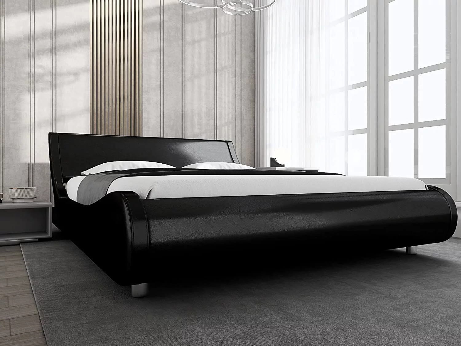 Allewie Low Profile Wave-Like Queen Size Platform Bed Frame with Leather Curved Adjustable Headboard, Glossy Black