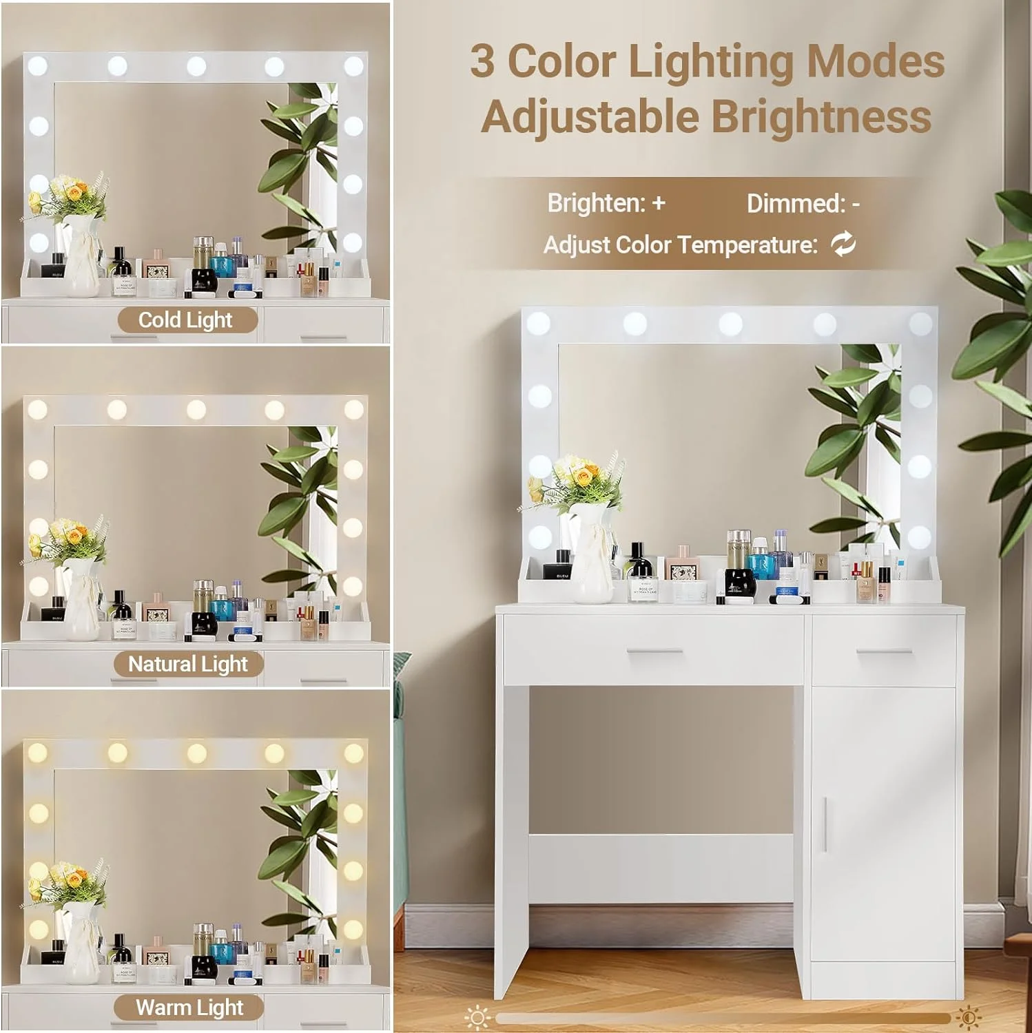 SEJOV Makeup Vanity Table with Light and Mirror, 3-Color Lighted Vanity Desk with 2 Storage Drawers and Door, Modern Bedroom Dressing Vanity, White