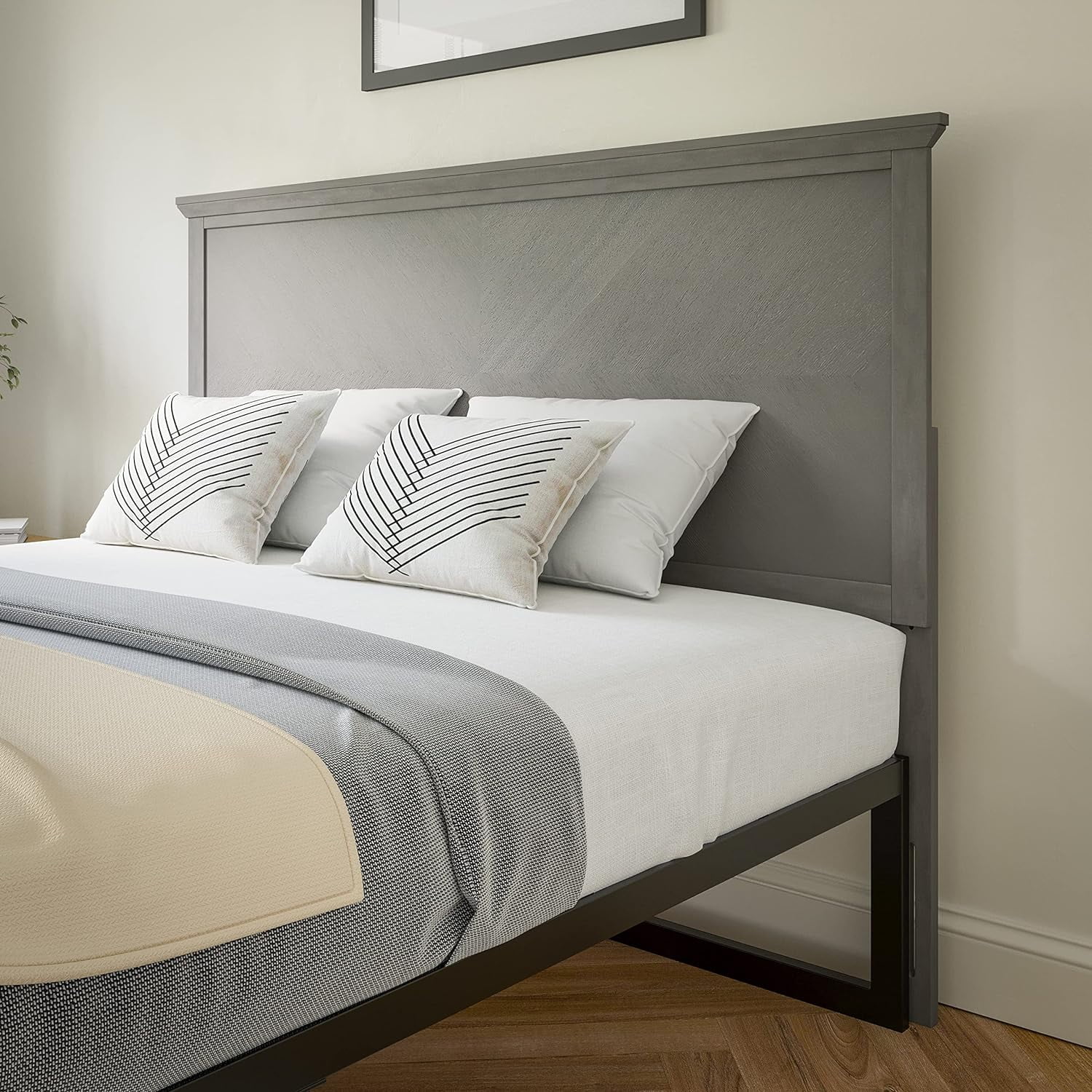 Queen Size Herringbone Wooden Adjustable Headboard For Universal Metal Bed Frames In Gray Wash