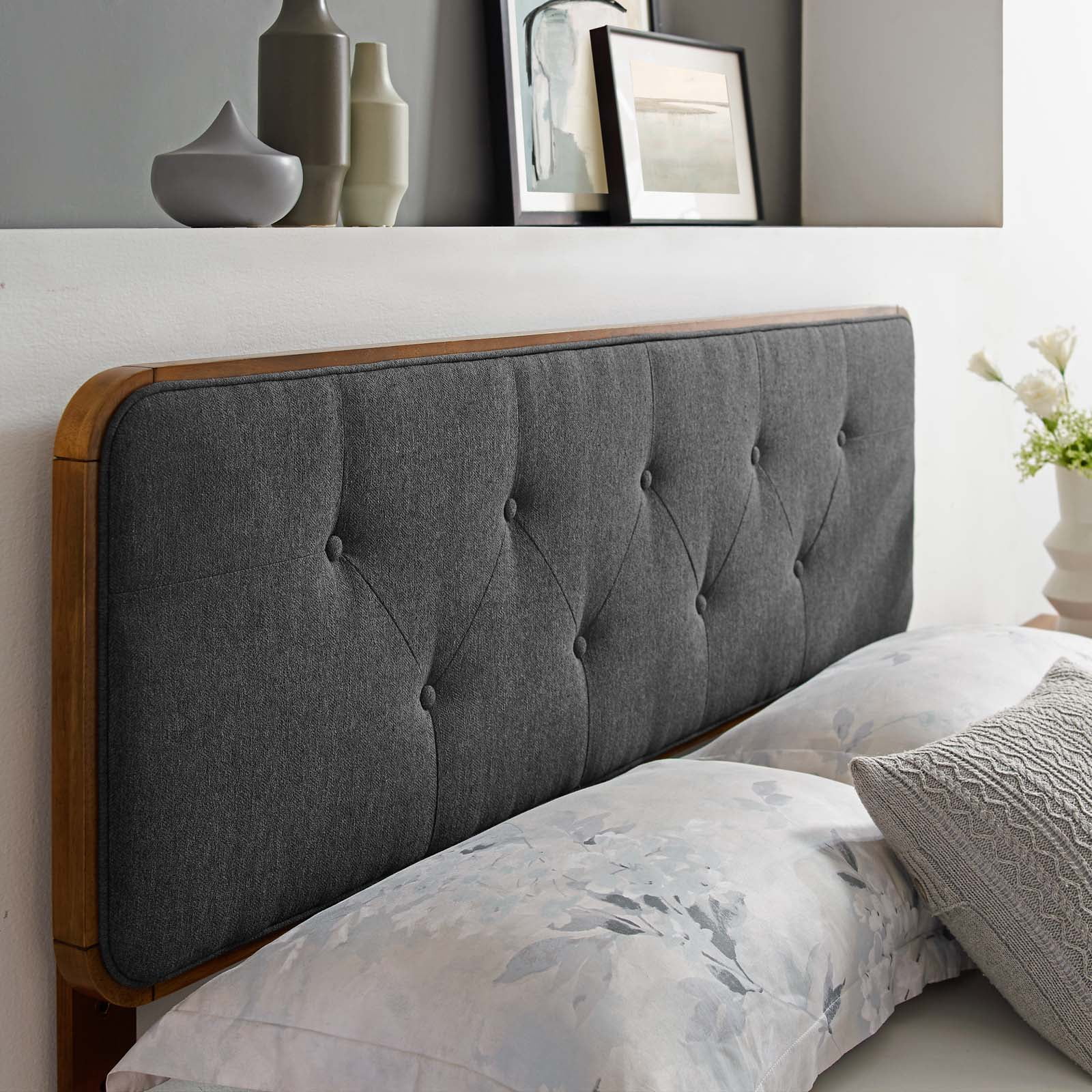 Tufted Headboard, Full Size, Wood, Fabric, Brown Walnut Grey Gray, Modern Contemporary Urban Design, Bedroom Master Guest Suite