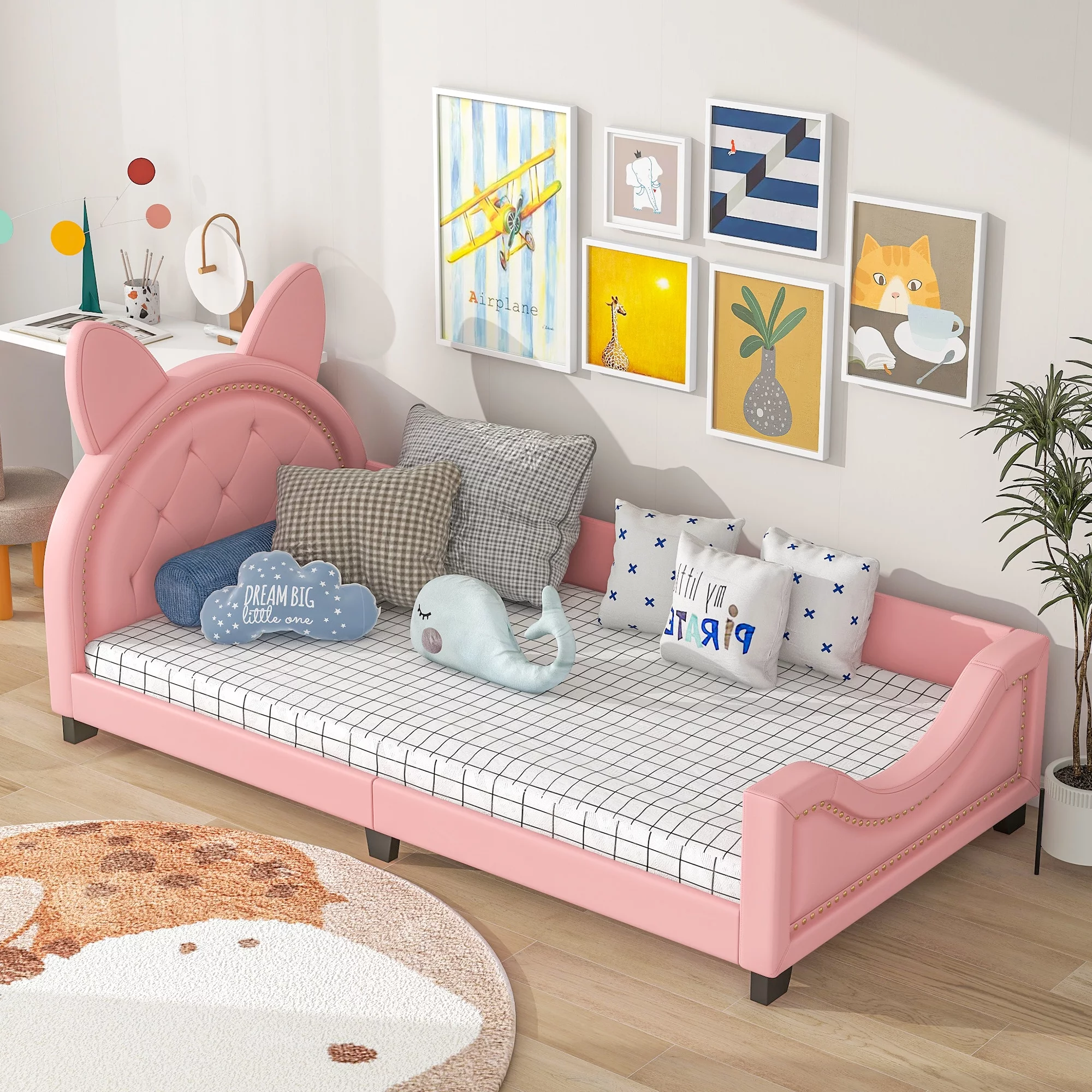 Bunny Shaped Twin Size Upholstery Daybed with Headboard for Kids, Pink