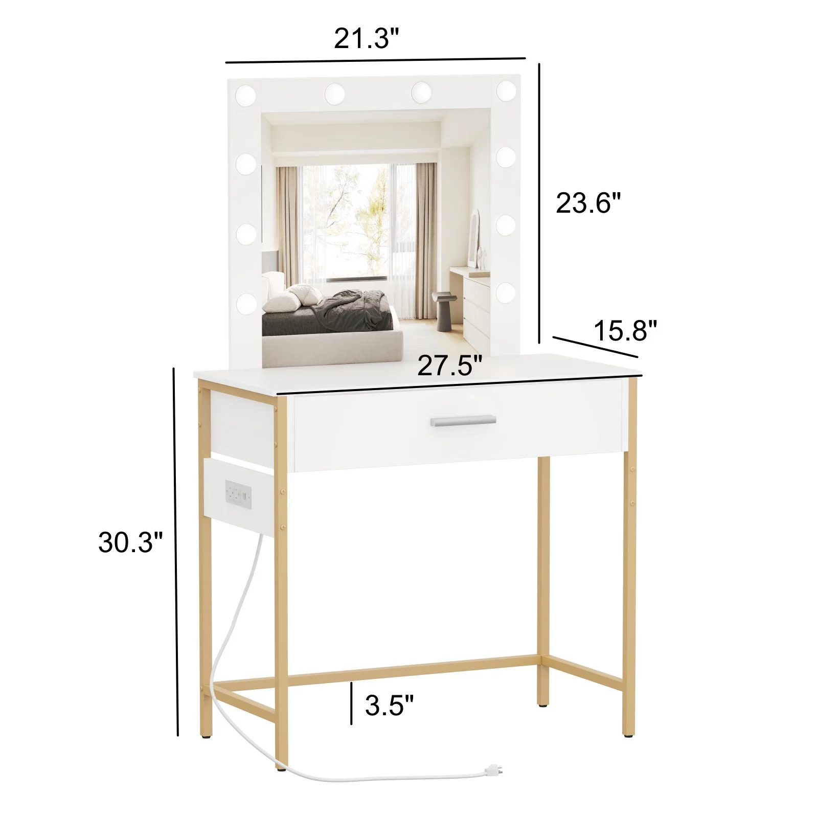 Vanity Table with Lighted Mirror, Makeup Vanity Dressing Table, Bedroom Makeup Desk with Charging Station, White