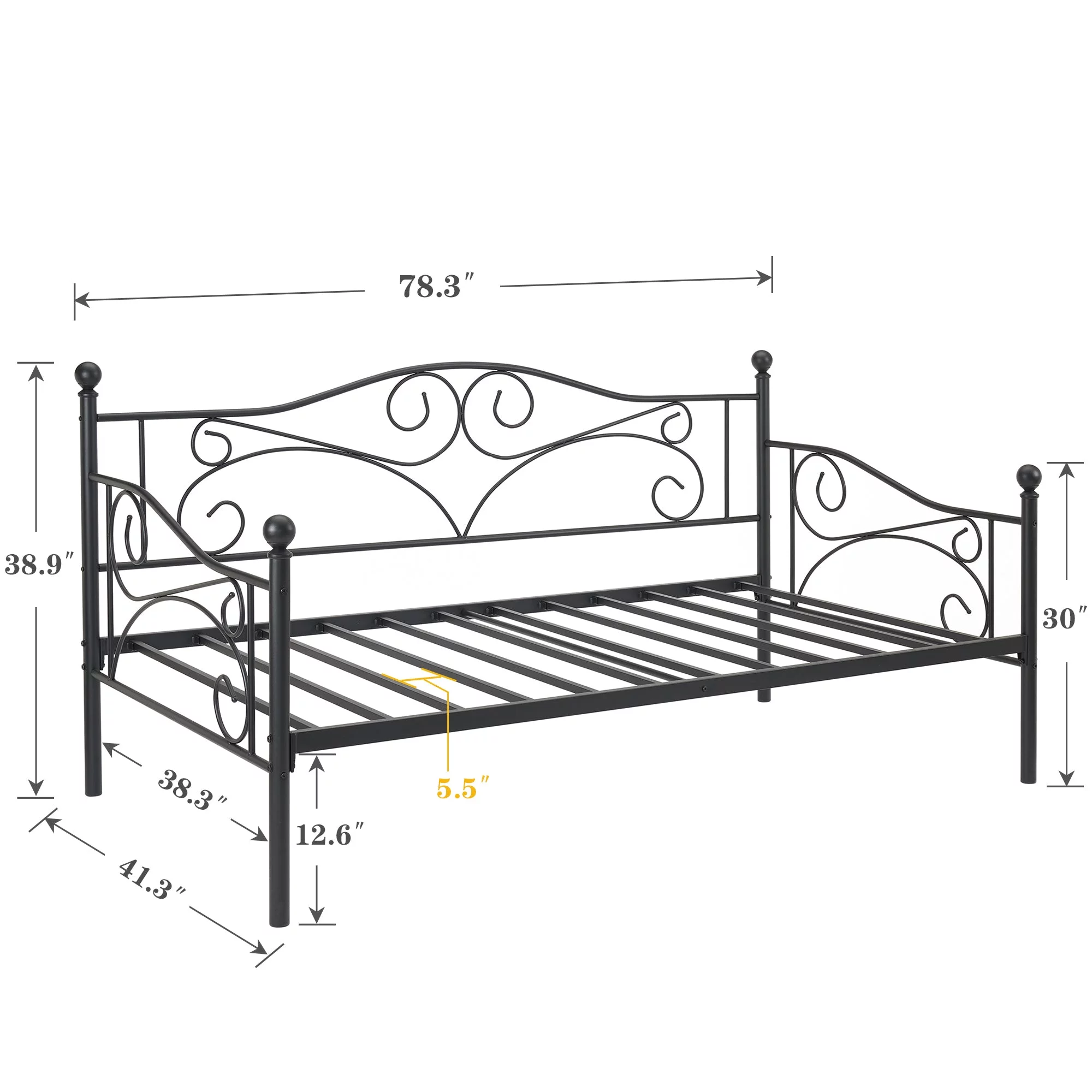 VECELO Twin Size Metal Daybed, Victorian Platform Sofa Bed Frame for Living Guest Room, Black