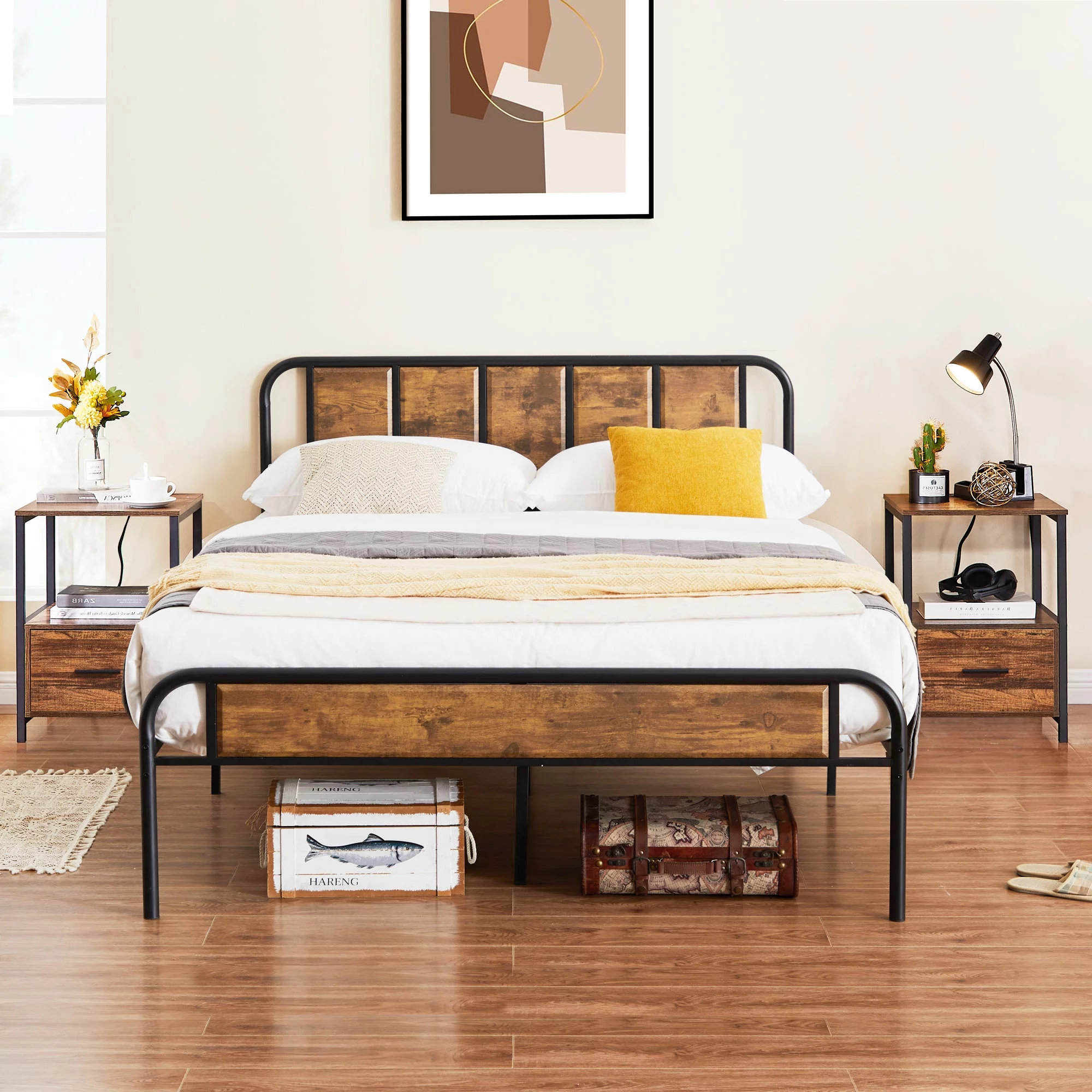 VECELO 3-Piece Bedroom Set with Queen Bed Frame + 2 Nightstands, Brown