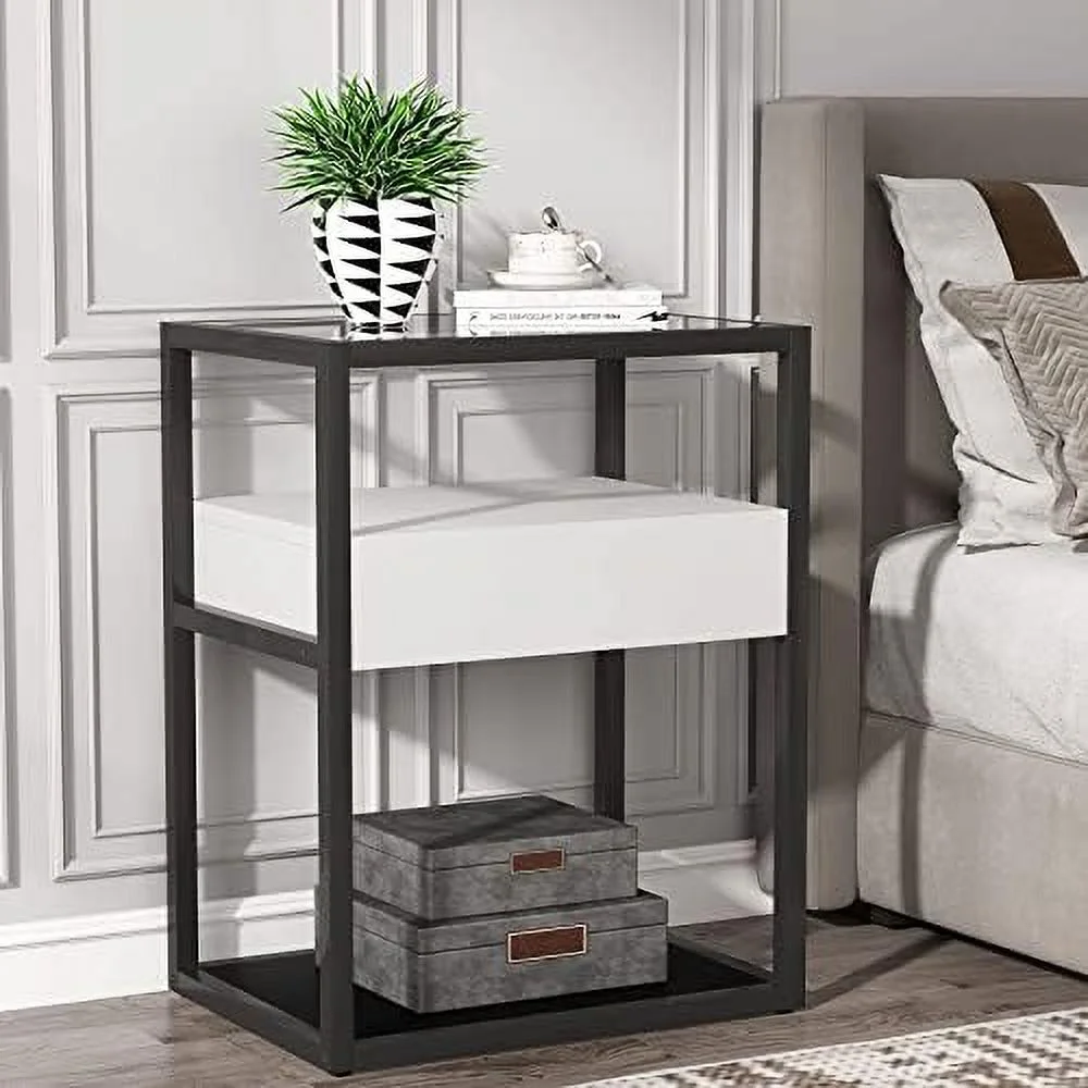 HBBOOMLIFE Nightstand Tall   Modern Simple Style End Table with Drawer and   Tempered Glass Bedside Table  Metal Frame  19.6\u201DX15.7\u201DX27.5\u201D (1PC  Gold and White)