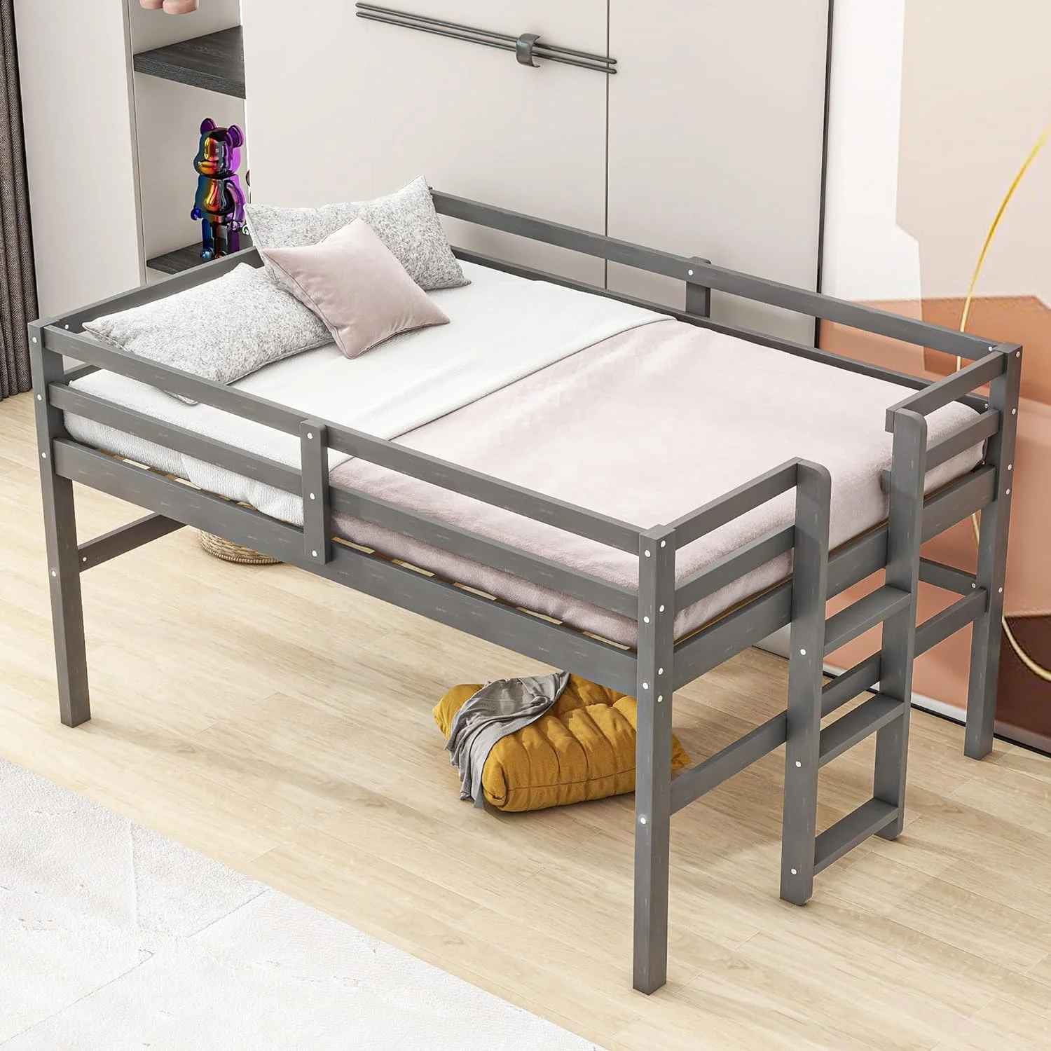 Wood Loft Bed With Uder-Bed Play Space,Kids Low Bed Frame ,Space Savig/o Box Sprig eeded/Guardrail/Ladder/Easy Assemble