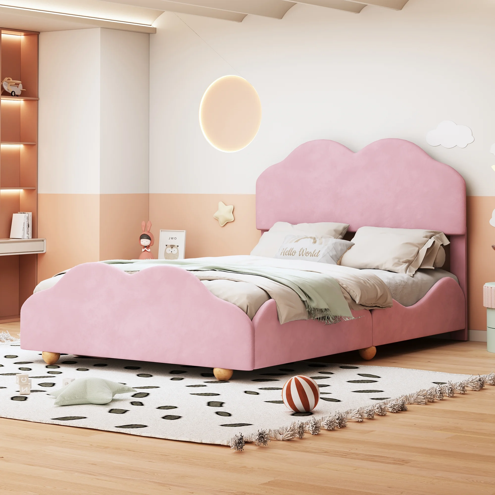 Full Size Bed Frame with Cloud-Shaped Headboard - Stylish Upholstered Platform Bed for Full Size Beds-Light Pink