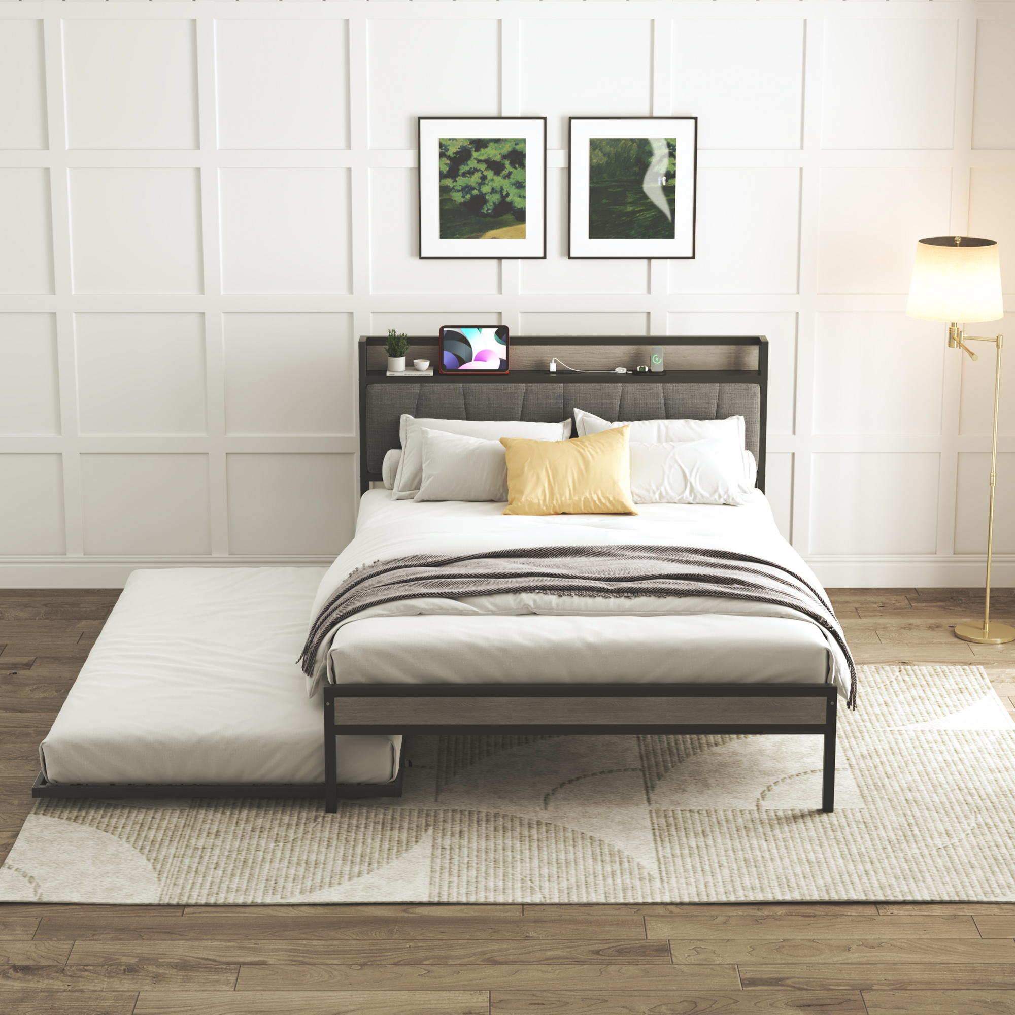 Metal Daybed,Upholstered Headboard,Electrical Outlet,USB Port,with Shelf/Mattress Foundation,with Steel Slat Support,Easy to Assemble