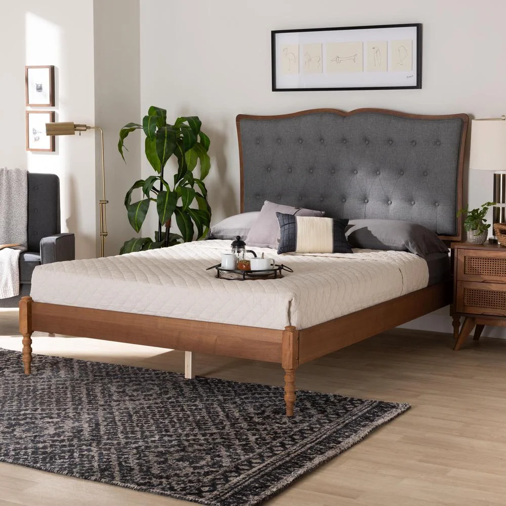Baxton Studio Ballari Gray Fabric and Walnut Brown Wood Queen Size Platform Bed