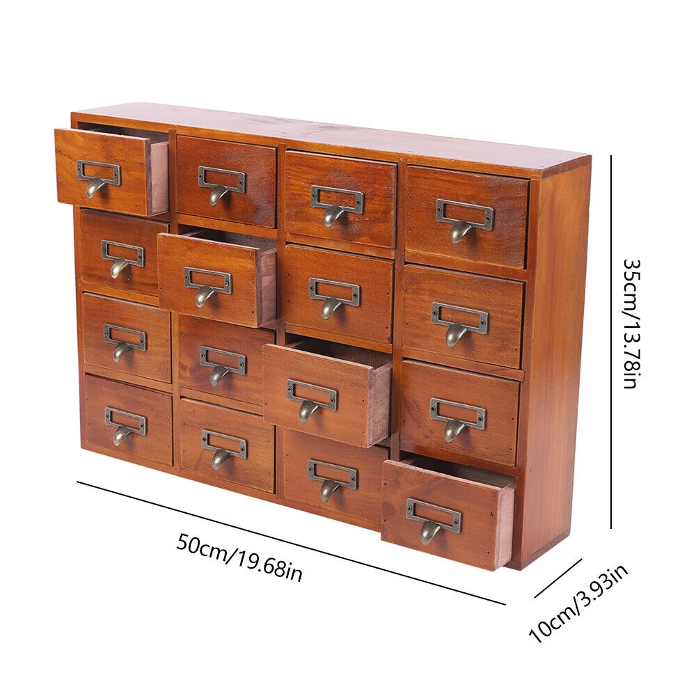 16 Drawers Vintage Library Desk Wooden Cabinet Apothecary Medicine Storage Box Organizer