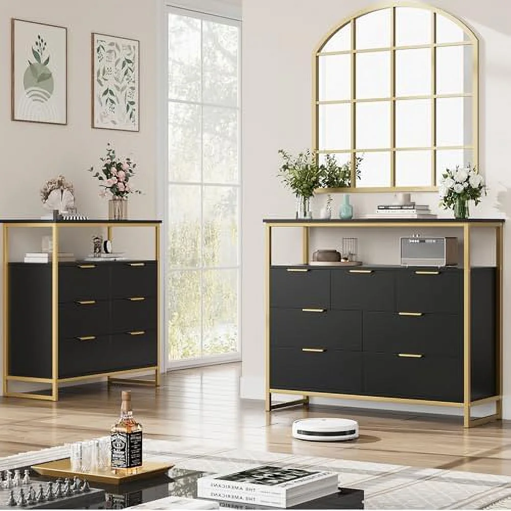 YZboomLife 7 Drawer Dresser  Black Dresser  Wide Dresser Chest of Drawers  Modern Dresser with Metal Handles  Large Capacity Chest  Organizer for Living Room  Entryway  Hallway  Black